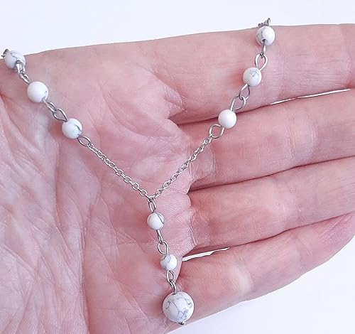 Miniatura 3 de Natural Crystal Bead White Howlite Stone Y Shaped Lariat Necklace Non-Tarnish Steel Chain