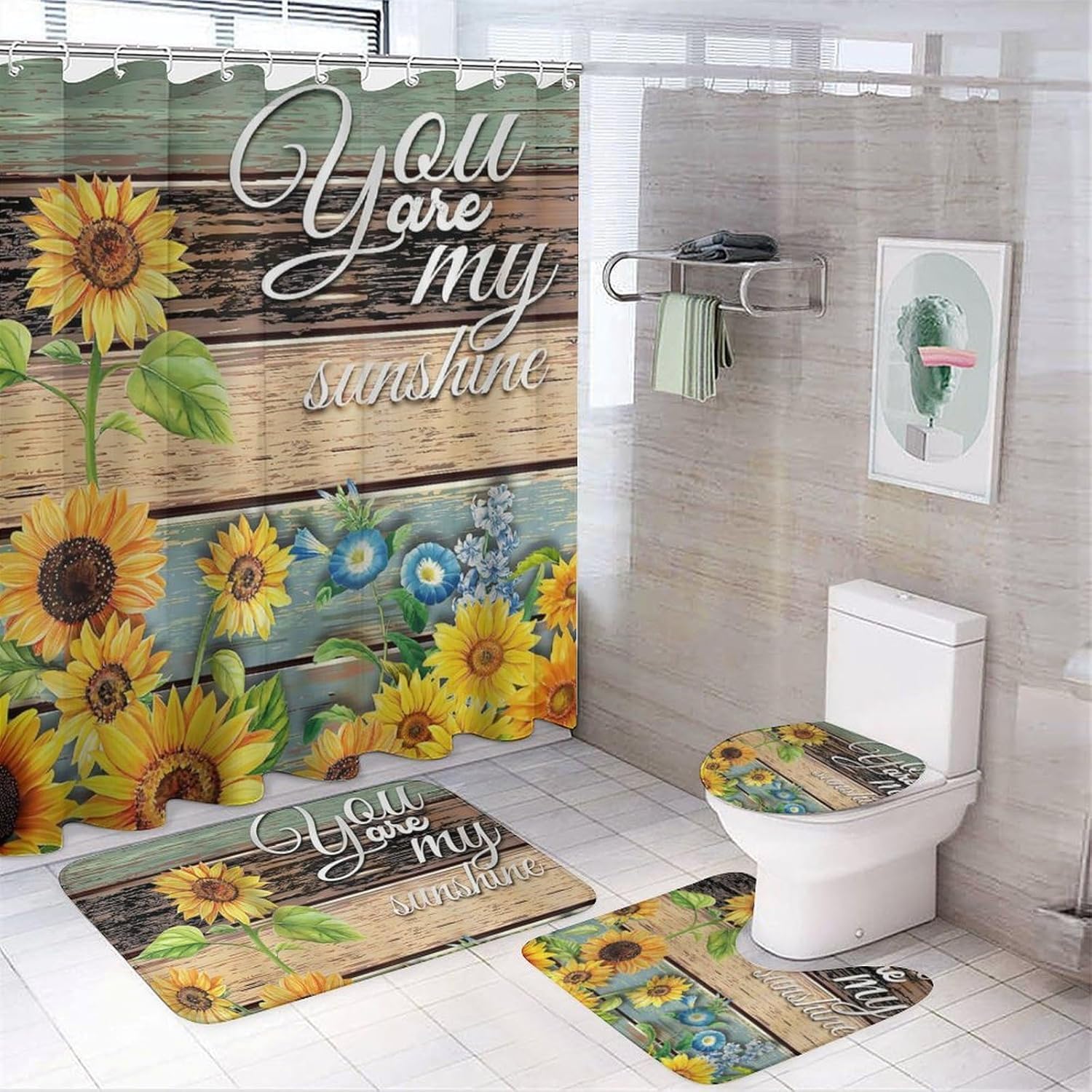 Ensemble de 4 Rideaux de Douche Vintage Tapis Antidérapant Salle de Bain Bois