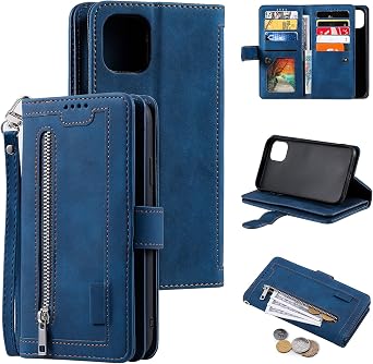 UEEBAI Wallet Case for Samsung Galaxy A22 5G, 9 Card Holder Slots Zipper Pocket Handbag Case PU Leather Magnetic Closure Kickstand with Wrist Strap TPU Shockproof Flip Case - Blue