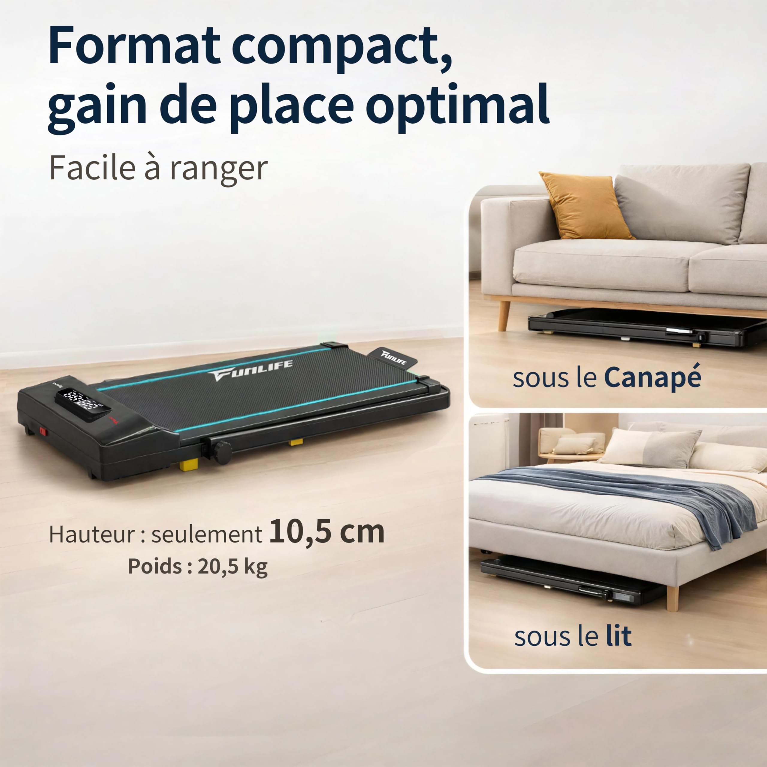 Walking Pad/Tapis de Course à Domicile, Pliable, Mini Tapis de Course 3 en 1 avec Poignée, Silencieux et Plat, Jusqu'à 120 kg, Convient pour Bureau et Bureau à Domicile, Seniors et Rééducation