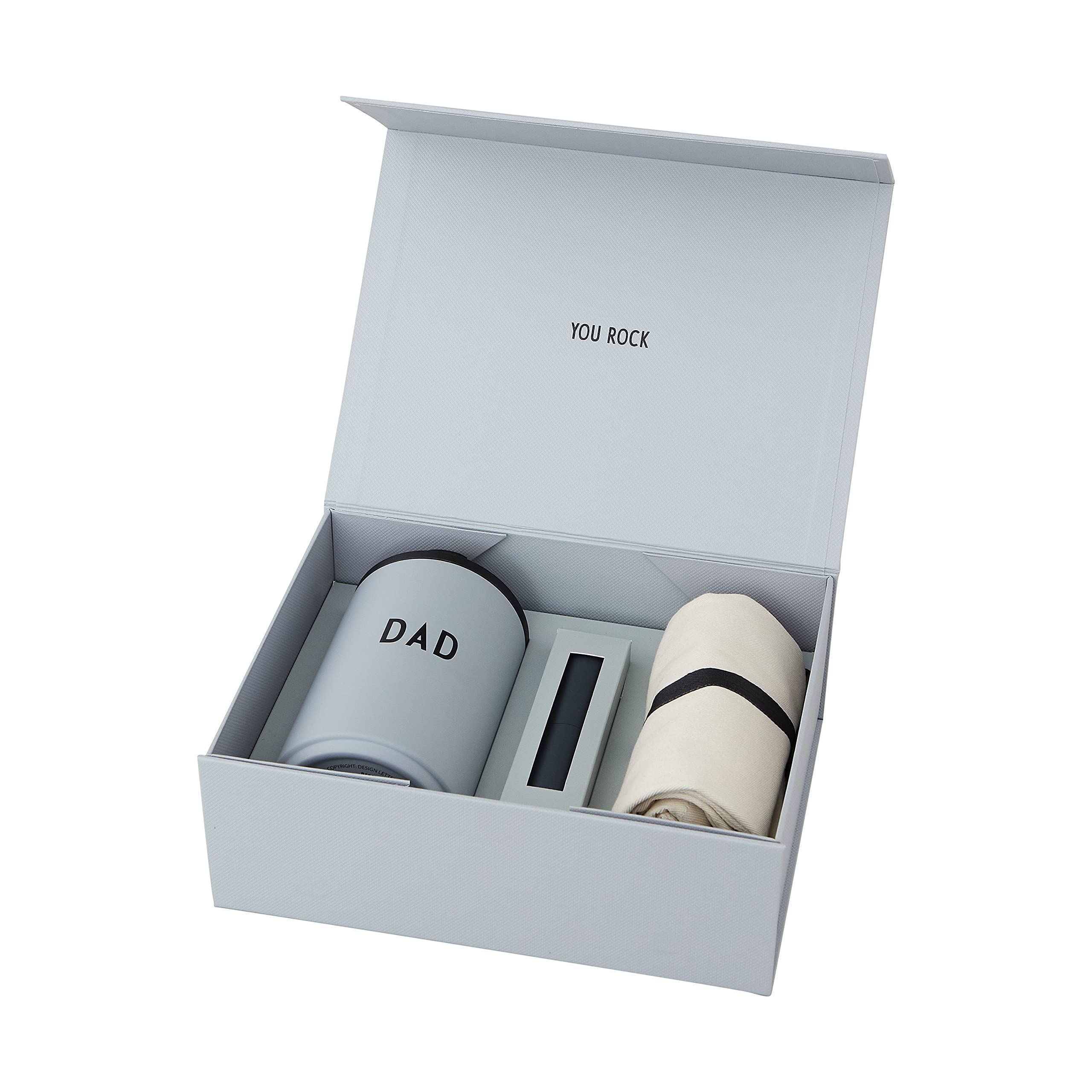 Design Letters Confezione regalo da uomo | Confezione regalo per la festa del papà | Tazza termica da caffè, borsa in cotone e dispenser tascabile | festa del papà | Regalo di papà 4 Pcs| Regalo papa