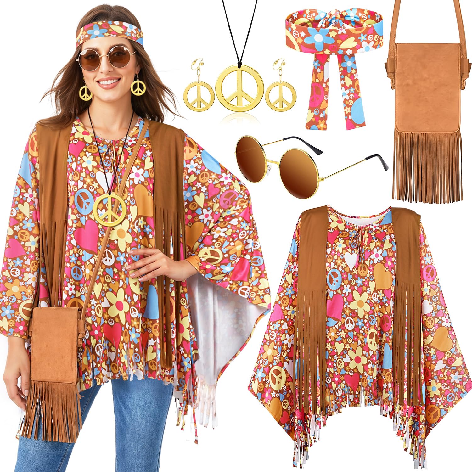 iZoeL Disfraz Hippie Para Mujer Disfraces Los Años 70 80 Poncho Hippie Blusa Vestido Diadema Estampada Accesorio Para Disfraz Hippie Ropa Mujer Años 70 80 Carnaval Fiesta Temática