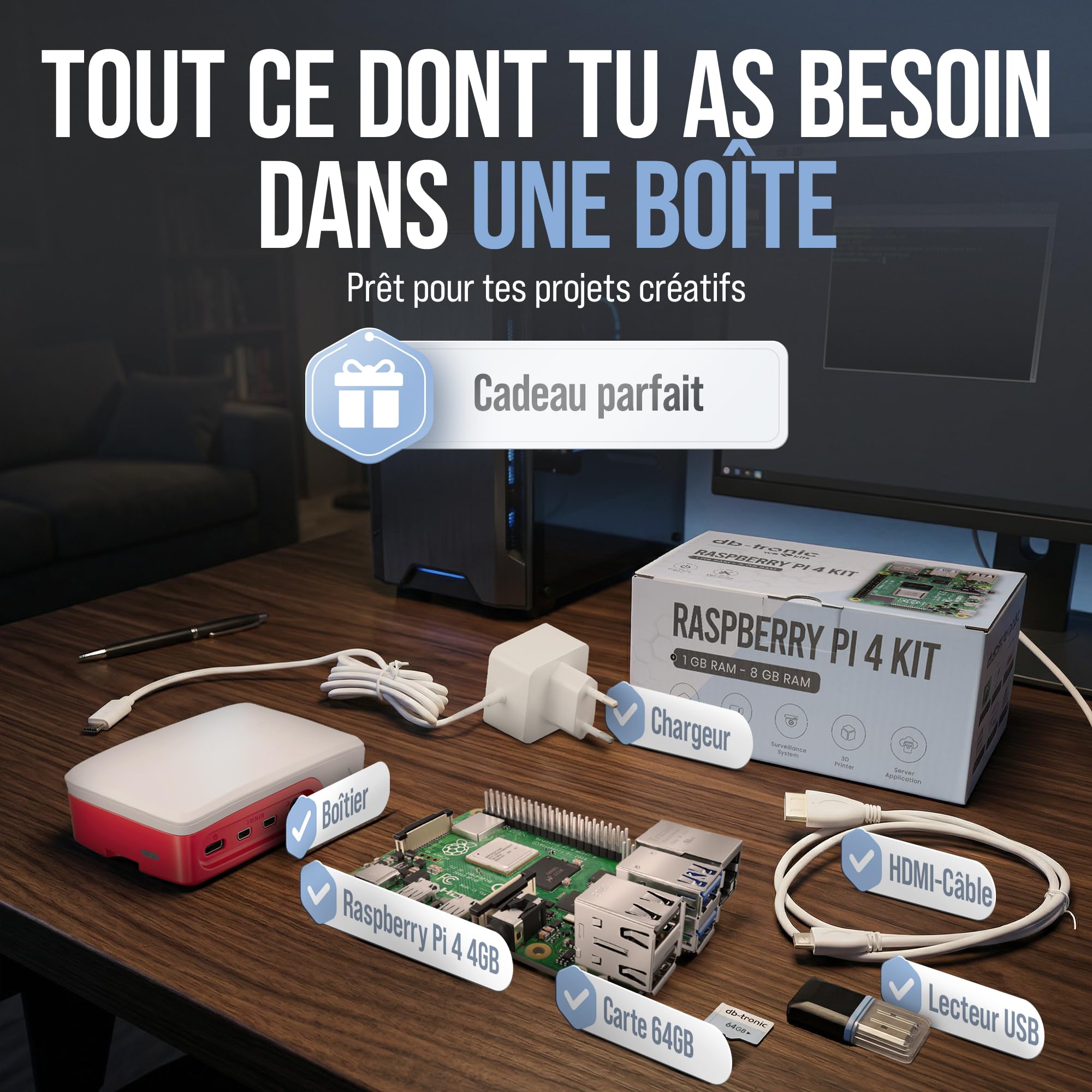 db-tronic Raspberry Pi 4 4 Go Starter Kit | Édition 64 Go | Alimentation 15 W | Boîtier | Micro HDMI 4K | Dissipateurs | idéal pour Home Assistant et Le Smart Home