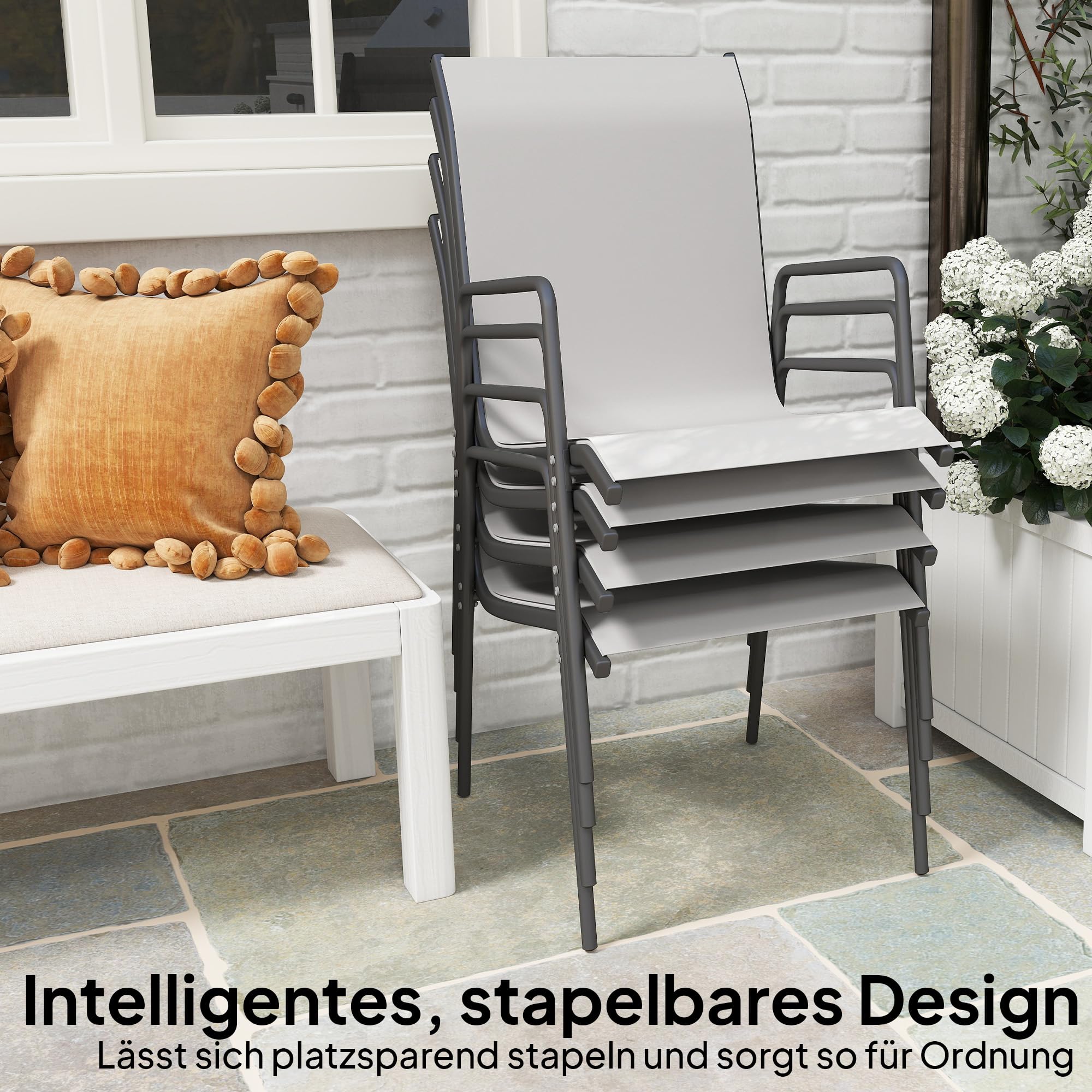 Outsunny Gartenstühle 4er Set Stapelbare Terrassenstühle mit Atmungsaktive Rücken, Armlehnen, wetterfest Balkonstühle 120 kg Belastbar Stapelstühle für Garten Balkon Terrasse 51 x 69 x 87 cm Hellgrau