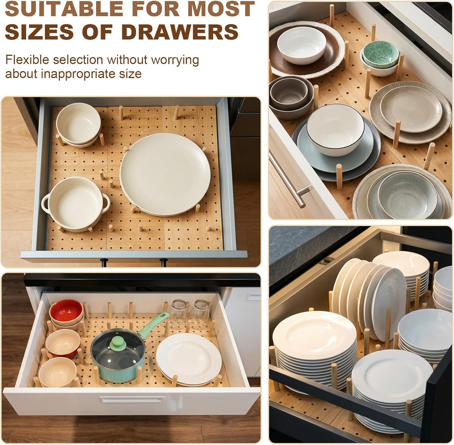 Kigley 6 Pcs Wood Pegboard Drawer Organizer with 48 Pegs Wooden Peg Board System Peg Drawer Organizers for Kitchen Dishes Plate Pegboard Food Containers (17x5.91,Bamboo)
