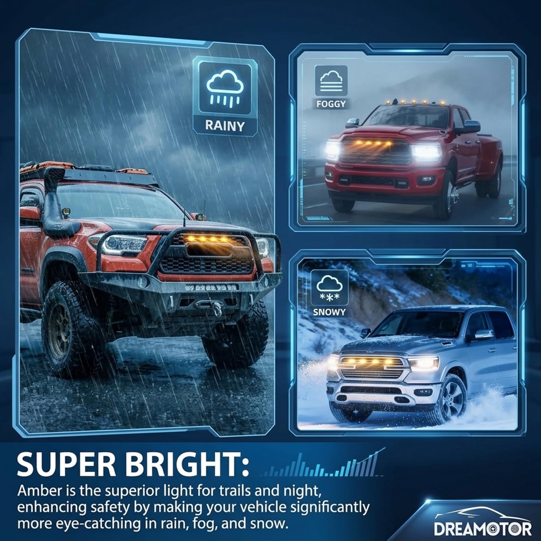 4 luces de parrilla, luz LED con clip, luces de parrilla ámbar negro con IP68 impermeable para camiones, coches, fácil instalación sin taladro