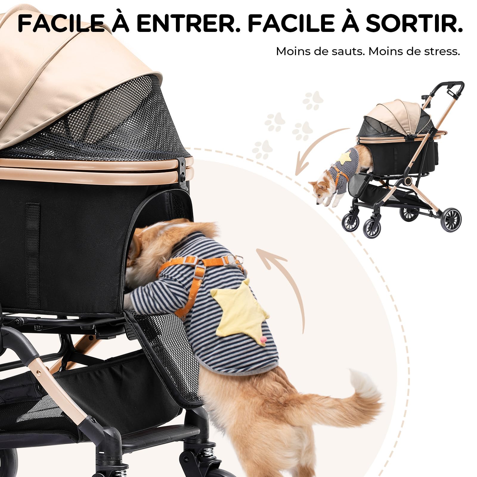 GTPLAYER Poussette Chien 4-en-1, Poussette pour Chien Chat, Jusqu'à 25KG, Voyage Transporteur Amovible, Poussette Tout-terrain Pour Animaux de Compagnie, Or