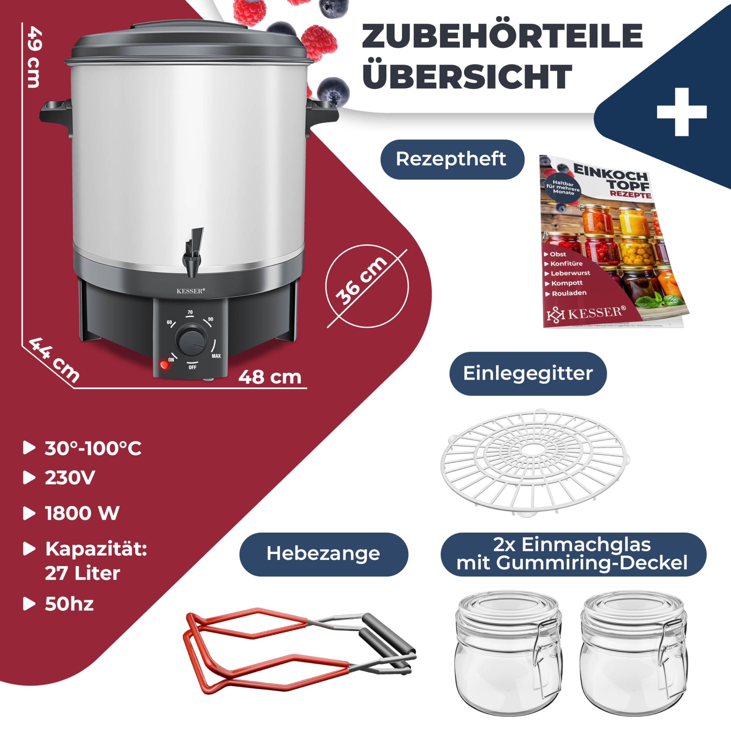KESSER Einkochautomat 27 Liter, Edelstahl| 1800 Watt | Temperatur von 30-100°C | Dauerbetrieb | Abschaltautomatik Einkochvollautomat Heißgetränkeautomat Glühweintopf mit Zange & 2 Gläsern, weiß