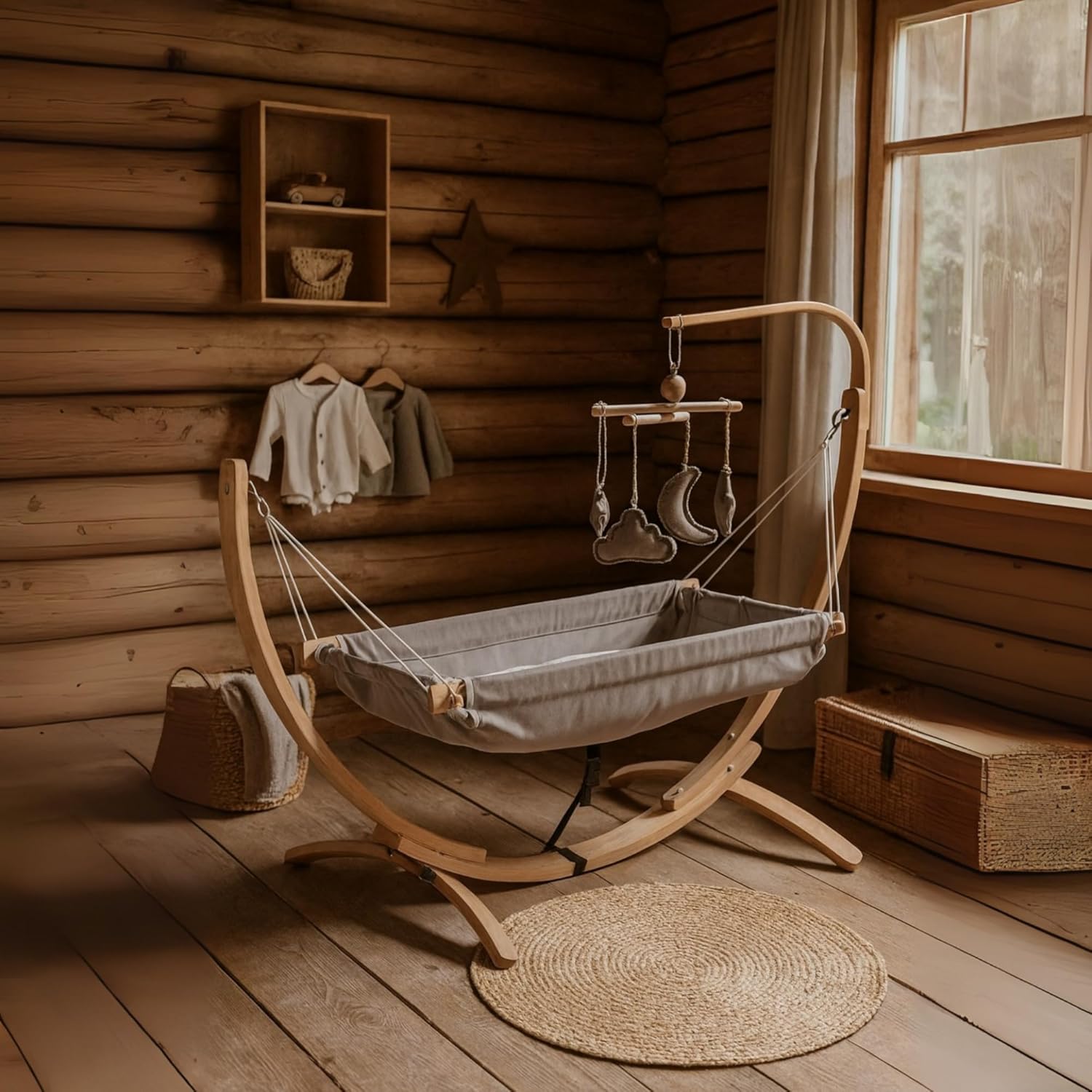 Kids Hammock Bed for Children Ages 3 to 5 Years, 15 to 36 kg Capacity, Comfortable Fabric with Wooden Frame, Large Size 25.98" × 59.06", Portable and Easy to Assemble for Indoor and Outdoor Use (Grey)