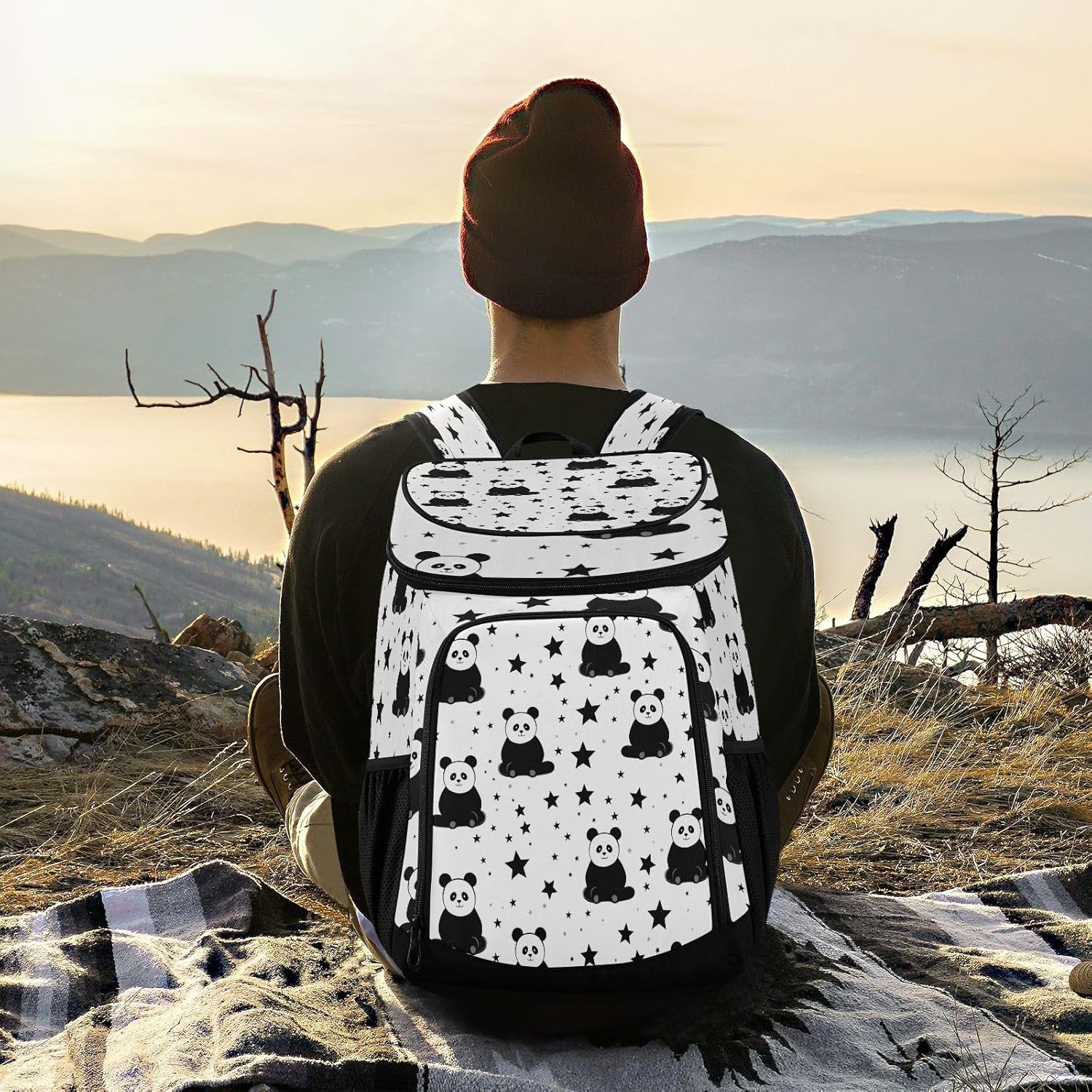 Panda and Star Cooler Backpack 36 Cans Leakproof Waterproof Backpack Cooler Bag Beach Accessories Travel Camping Fishing Backpack for Women Men