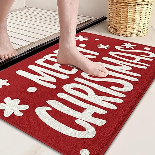 Miniatura 4 de Faptoena Alfombra de baño roja con texto en inglés "Merry Christmas", antideslizante, absorbente, lavable, para dormitorio, puerta de entrada, para