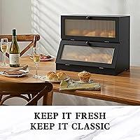 Vista 2 de Panera de bambú de doble capa para encimera de cocina, contenedor de almacenamiento de gran capacidad para pan, panera rústica con ventana (negro)