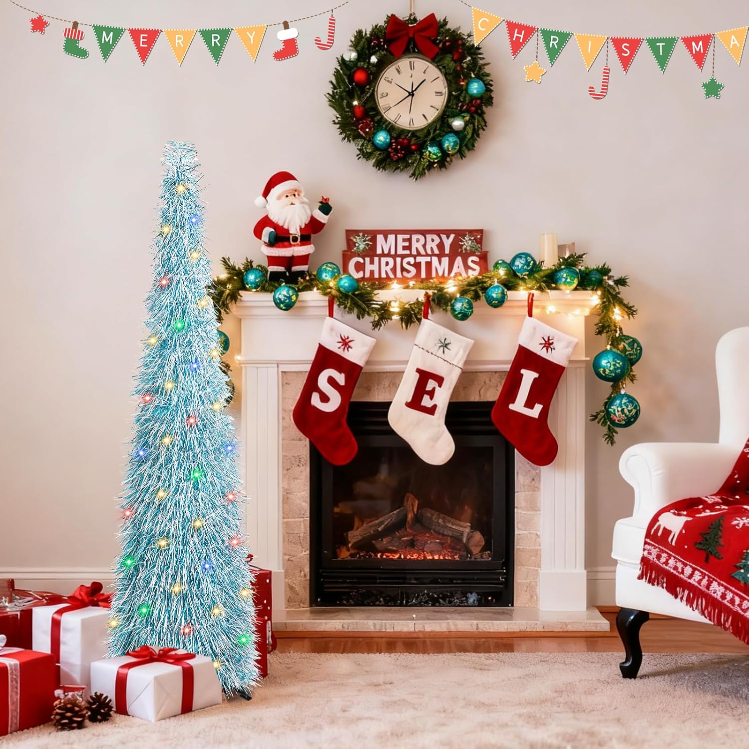 5FT Pop Up Christmas Tree with Lights 90 Colorful LED 8 Modes Tinsel Foldable Christma Tree Collapsible Christmas Tree Popup for Indoor Home Holiday Christmas Party Decorations(Blue White)