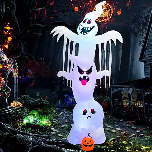 Tangkula Fantasma inflable de Halloween de 10 pies, decoraciones gigantes de Halloween, espectro inflable con luces RGB coloridas, estacas y sacos