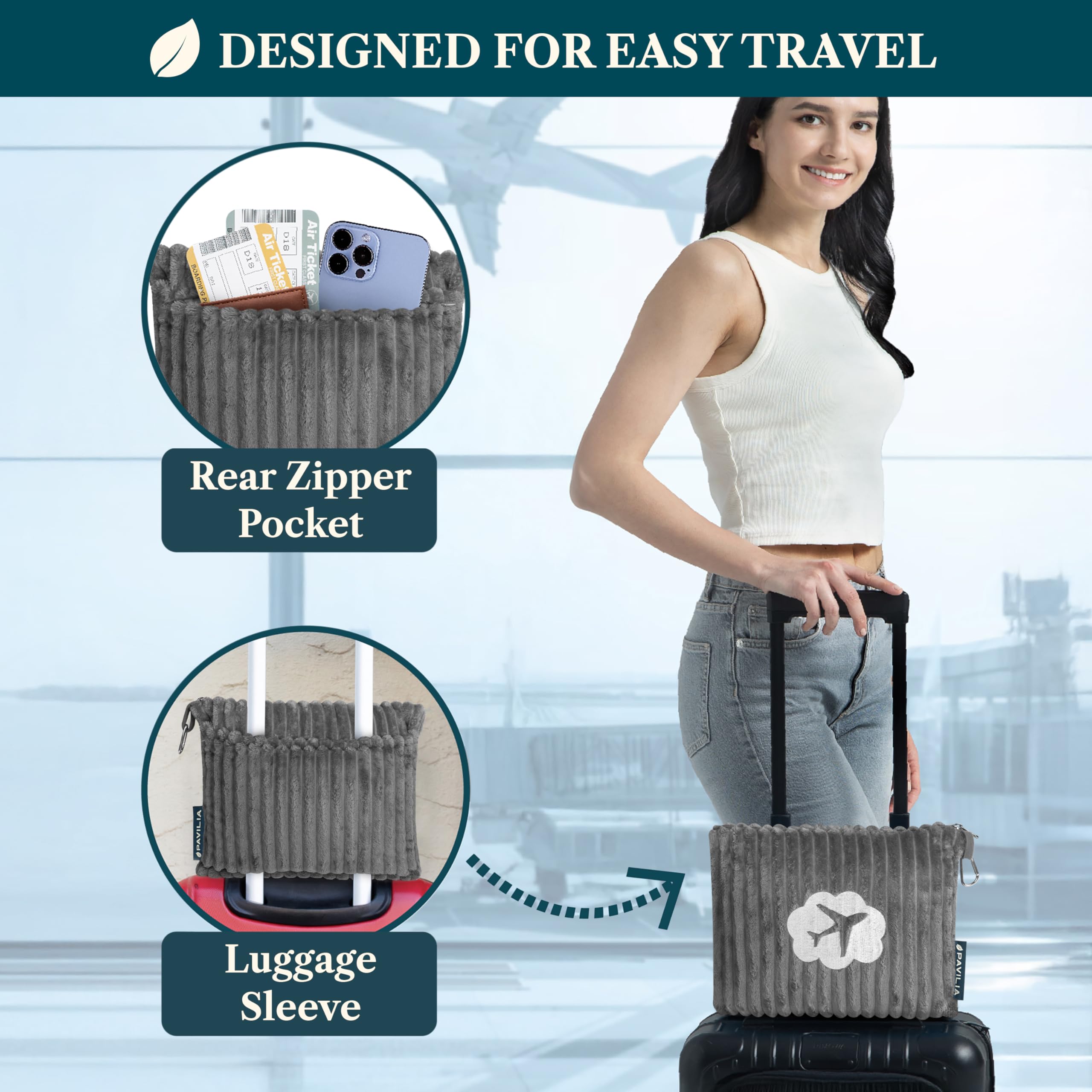 PAVILIA Coperta da viaggio, set di coperte per aeroplano in borsa morbida con tasche, coperta per aereo, compatta e pieghevole, cuscino essenziale per auto, accessori per viaggiatori, regali, cinghia
