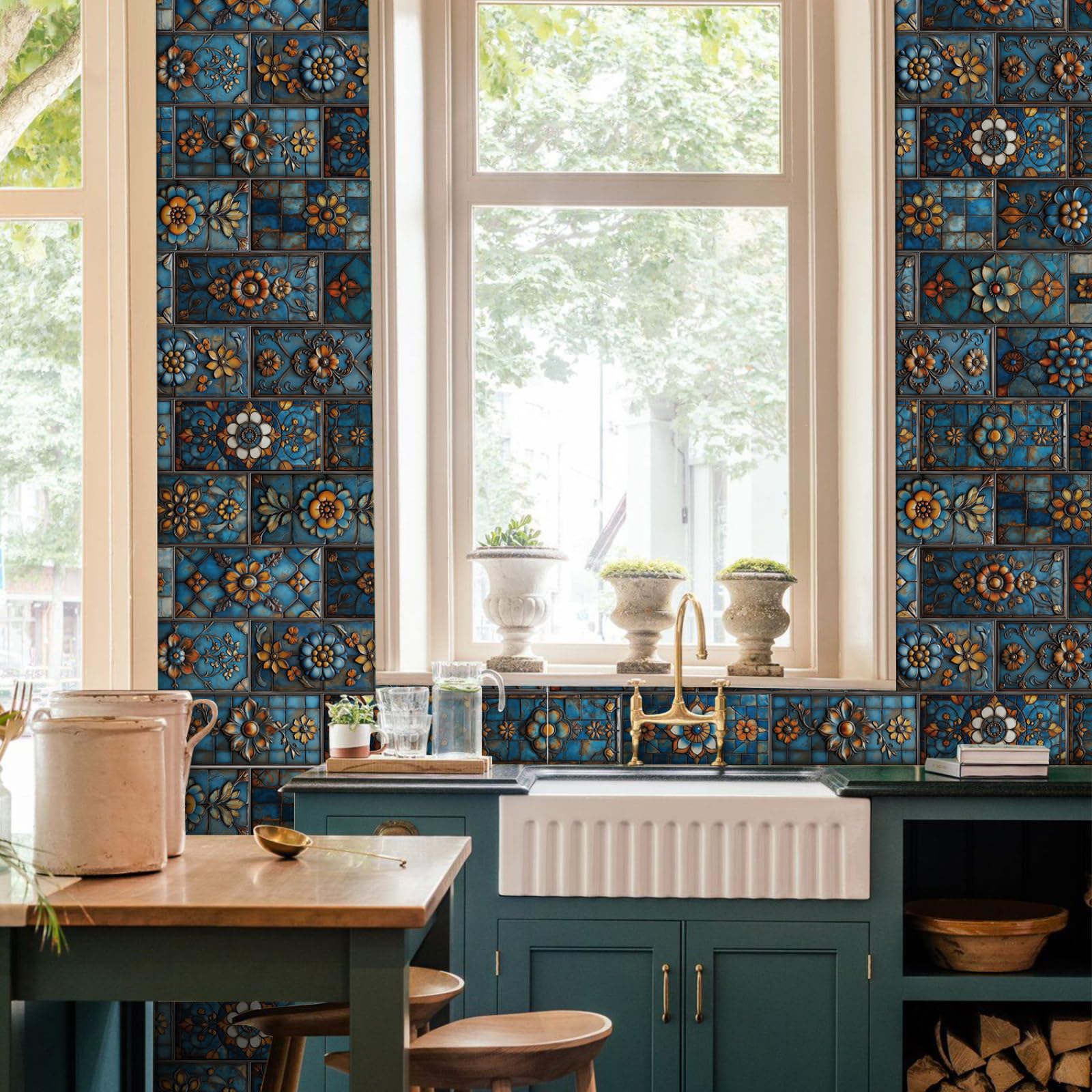 Azulejos Adhesivos Cocina Flores Azules Naranjas Impermeables Baño Azulejos, Diy Extraíble Vinilo Vinilo Pared Cocina