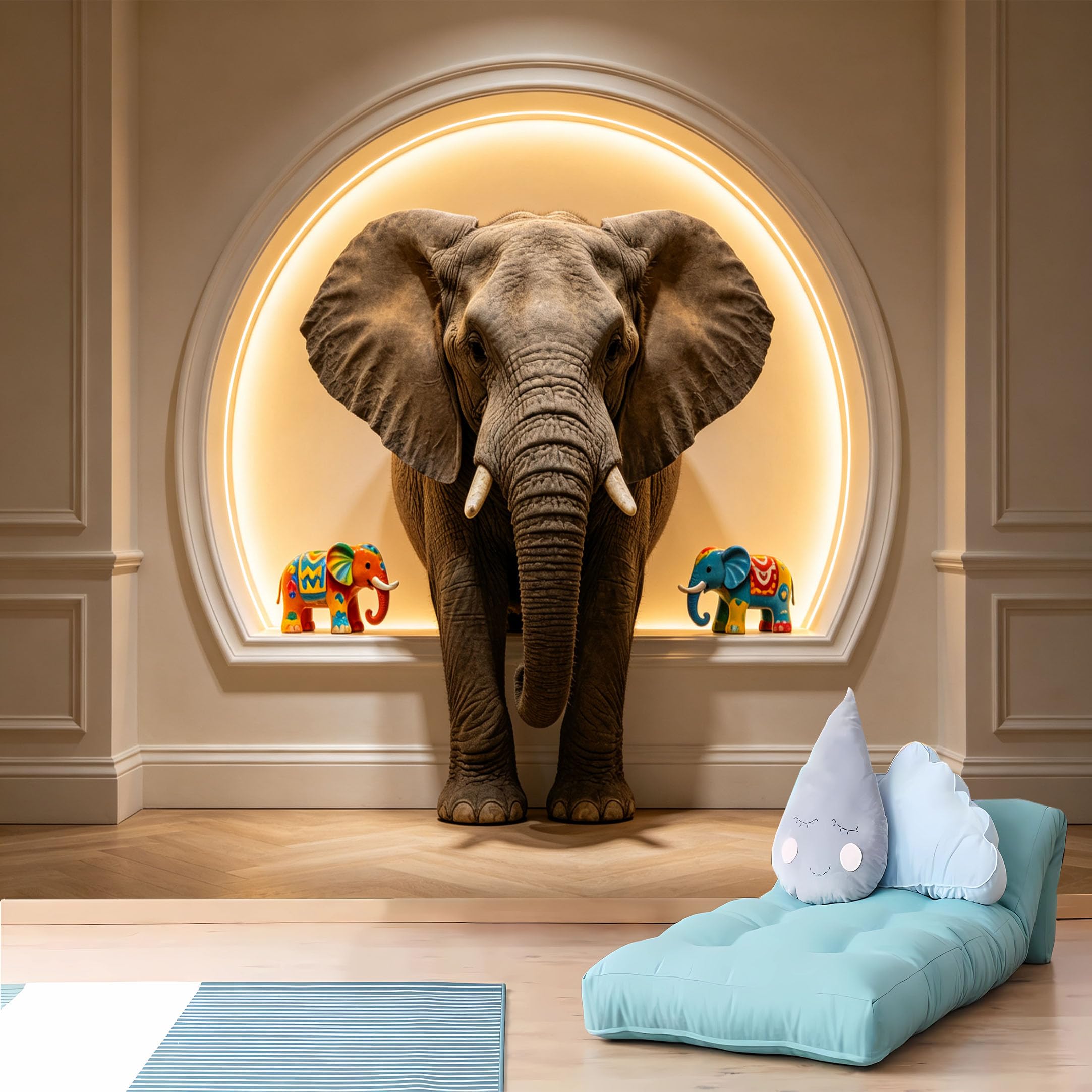 Custom Size Wall Murals,3D Elephant in Round Lighted Wall Niche Wall Murals,3D,Full Wall,Self-Adhesive Removable Wallpaper for Living Room