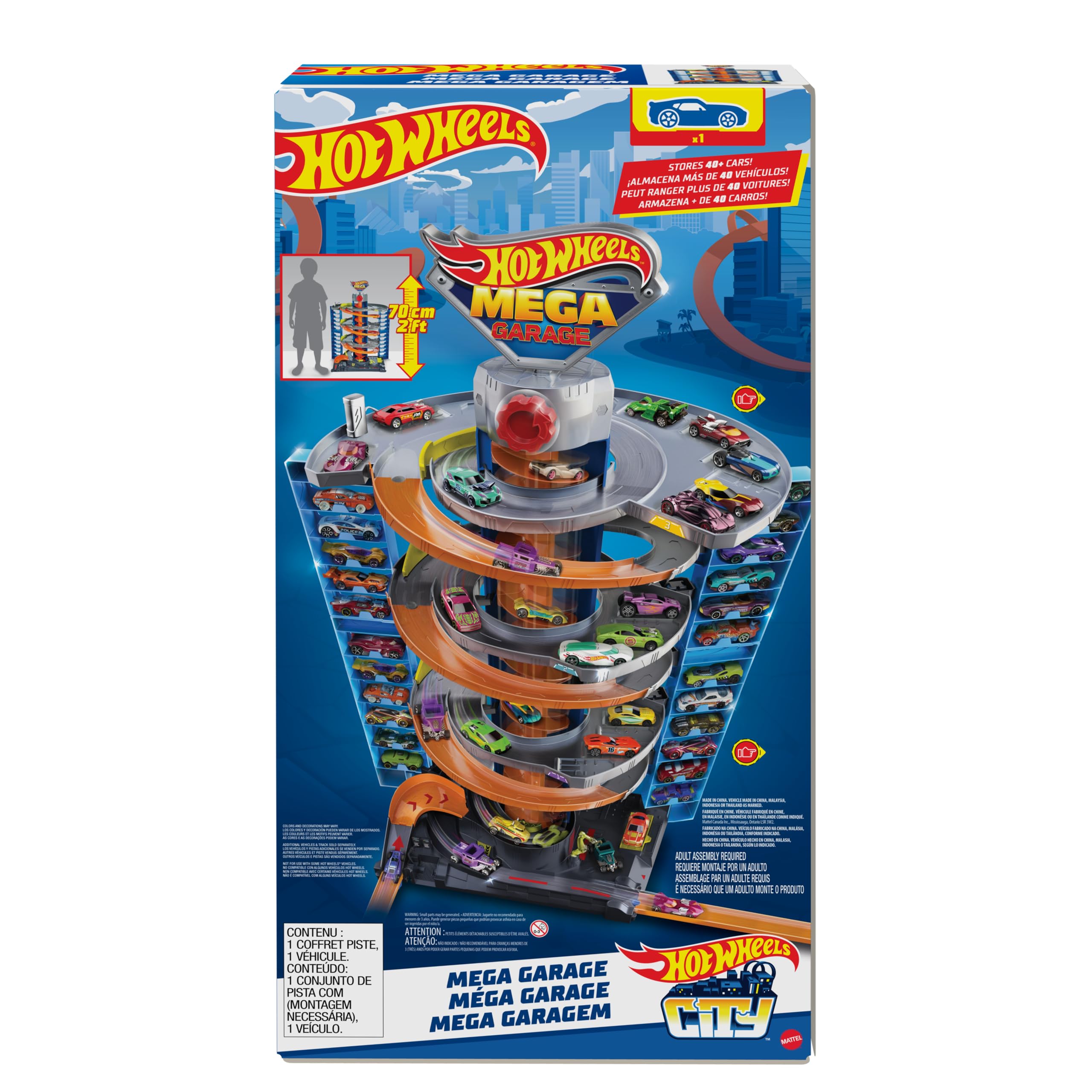 Hot Wheels- City Mega Garage Twist Playset con Ascensore a Spirale e Oltre 60 Posti Auto, Include 1 Macchinina in Scala 1:64, Giocattolo per Bambini 4+ Anni, GTT95