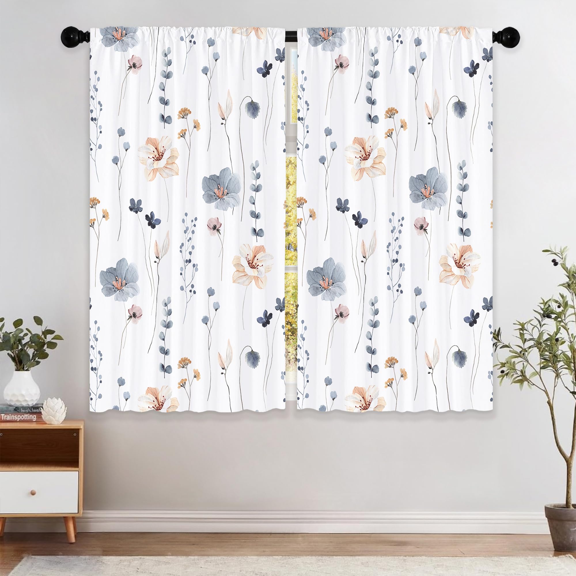 Laifzere Floral Curtains, Blue Flower Boho Wildflower Window Curtains 42x45 Inch for Bedroom Living Room Decor, Botanical Farmhouse Window Drapes Treatment Draperies Fabric Rod Pocket (2 Panels