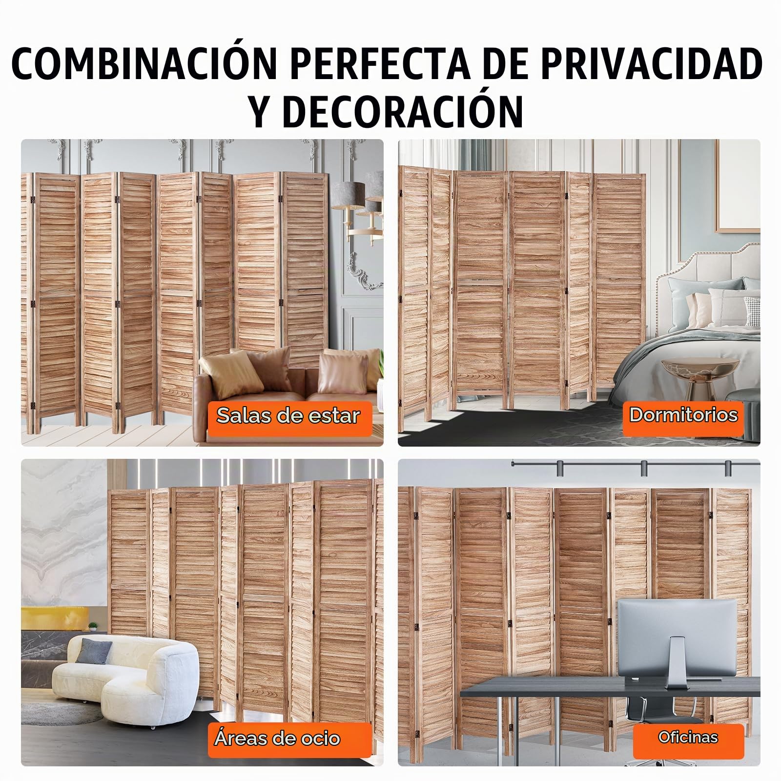 VEVOR Divisor de habitación plegable de madera, 8 paneles, 66.9 pulgadas de alto, pantalla de decoración portátil para separación de espacios