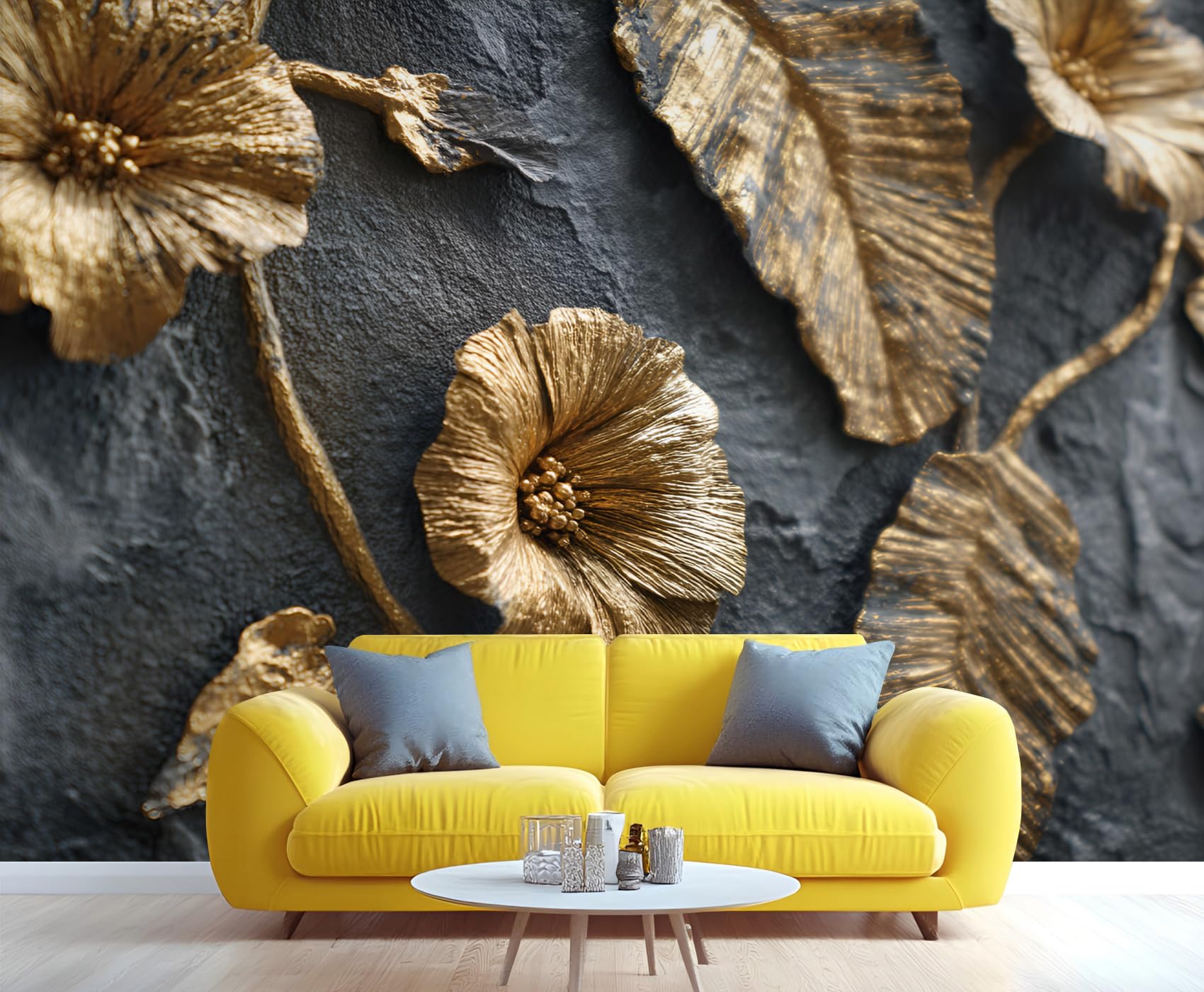 Amazon.com: Golden Flower Wall Mural, 3D Golden Floral Murals for