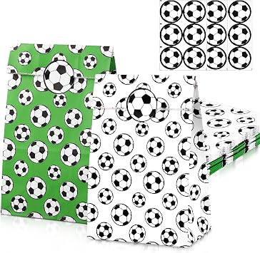 MIMIND 24 Pack Soccer Party Favor Paper Bags White Green Soccer Snack Bags with Stickers Birthday Goodie Treat Bags for Soccer Themed Decorations Games Sports Party Supplies