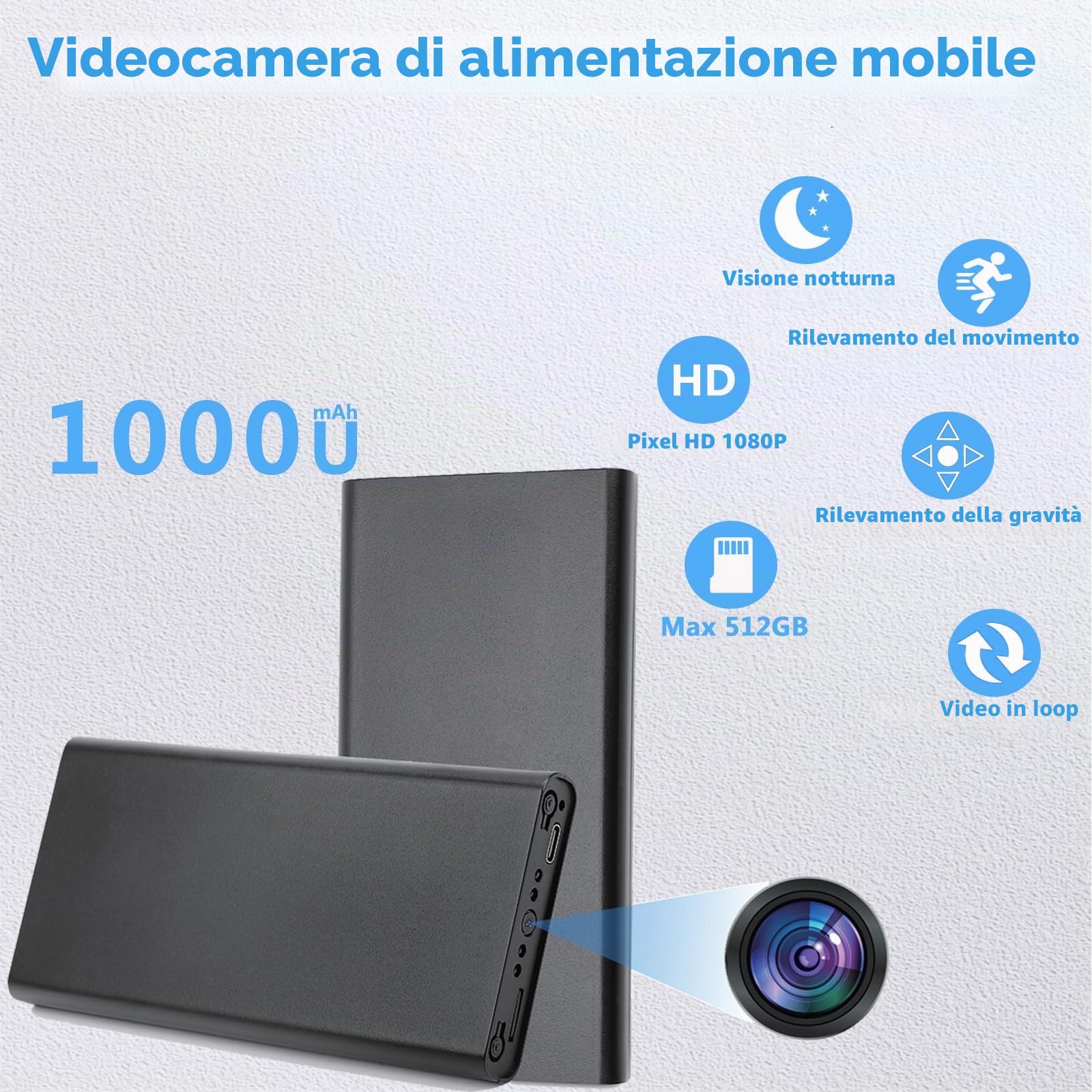 Telecamere mini portatili in HD,Telecamere spia,telecamere di sorveglianza nascoste,rilevamento di movimento,batteria integrata da 10.000 mAh,funzionamento continuo per 55 ore, non supportano il Wi-Fi