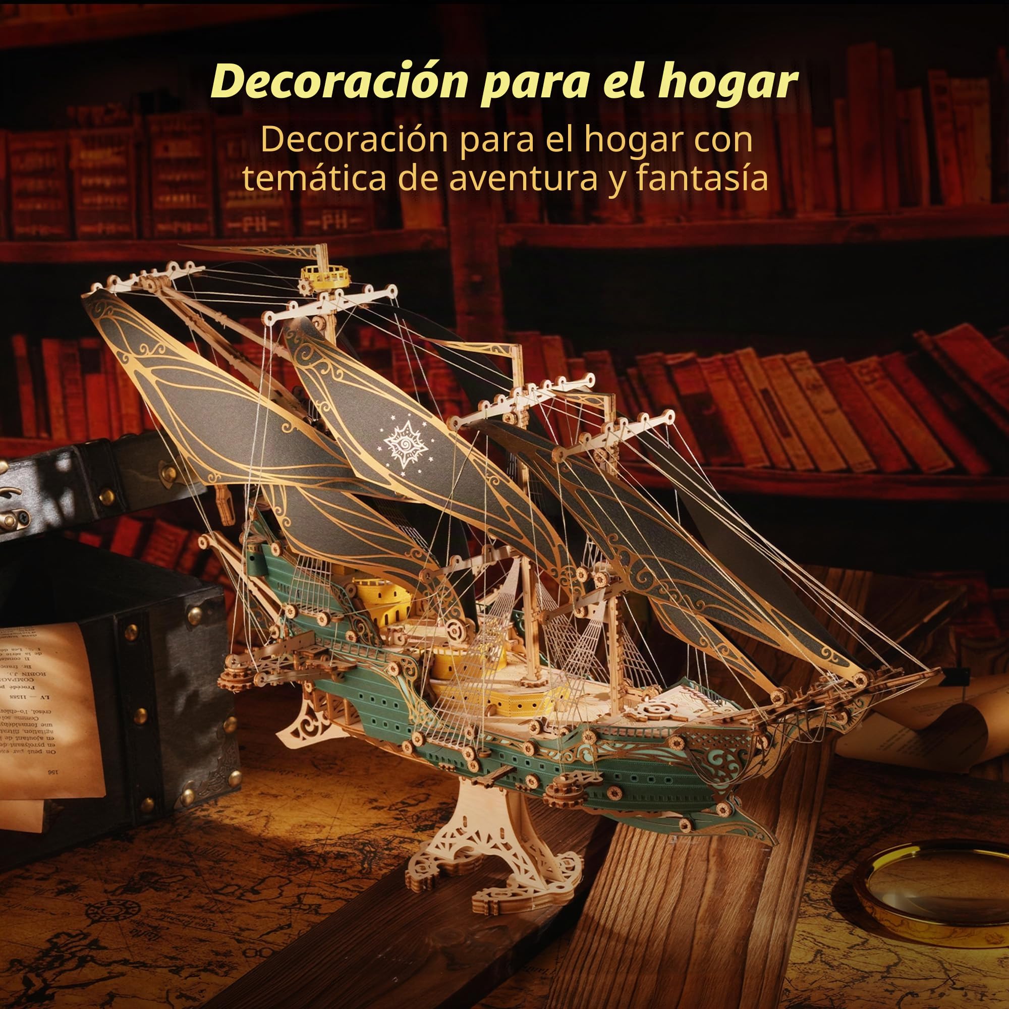 FUNPOLA Puzzle 3D de Madera Barco Pirata – Maquetas para Construir para Adultos, Kit de construcción de velero, Aventura, decoración hogar, Regalo Creativo para Adultos y Adolescentes (Verde)