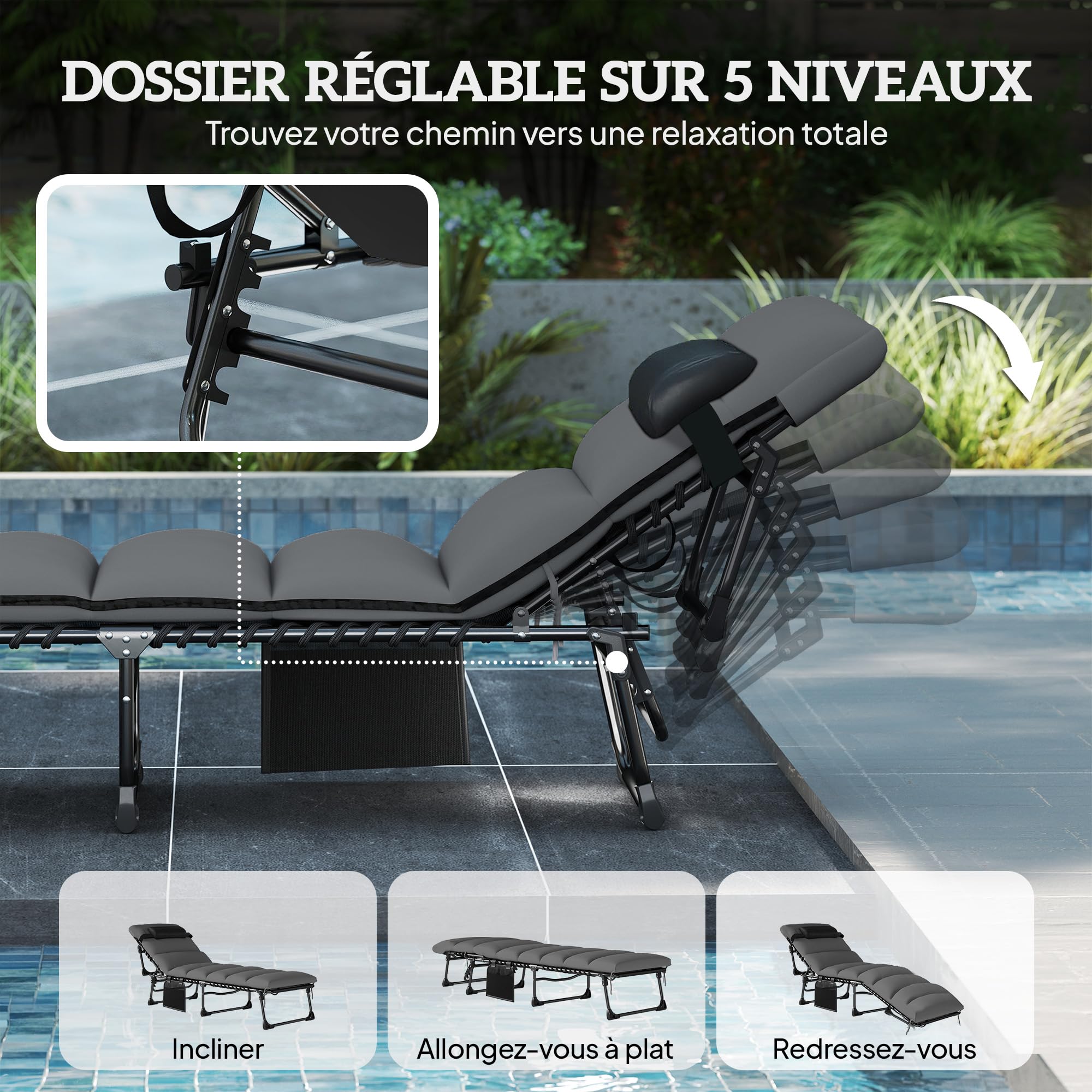 Outsunny Chaise Longue Jardin extérieur, Bain de Soleil Pliable, Dossier inclinable sur 5 Positions, transat avec Coussin, Poche Latérale et Appui-tête, Structure en Acier pour terrasse, Gris Foncé