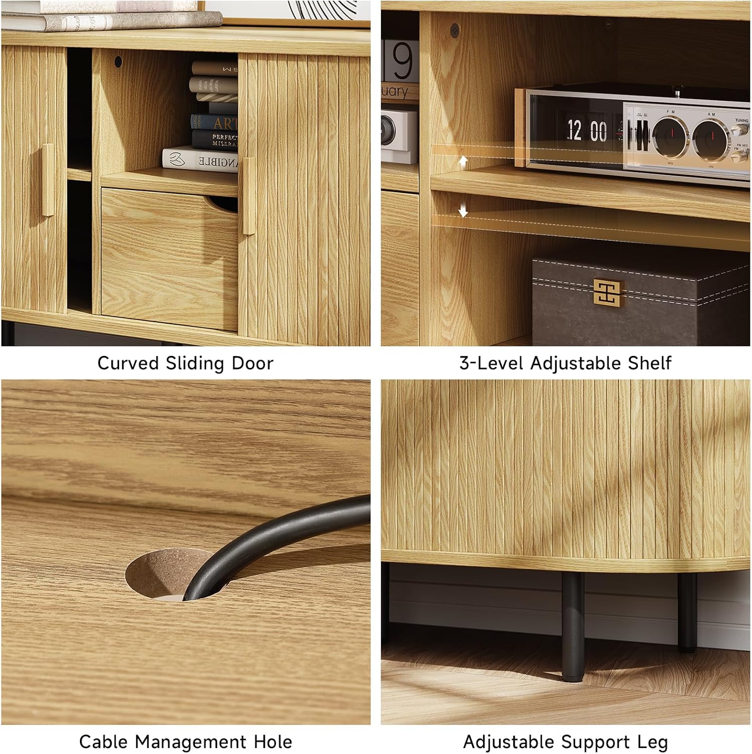ONBRILL 69" TV Stand with Power Outlet for TVs up to 80", Entertainment Center with Storage and Drawer, TV Console with Adjustable Shelves and Sliding Door, TV Stand for Living Room, Bedroom, Oak