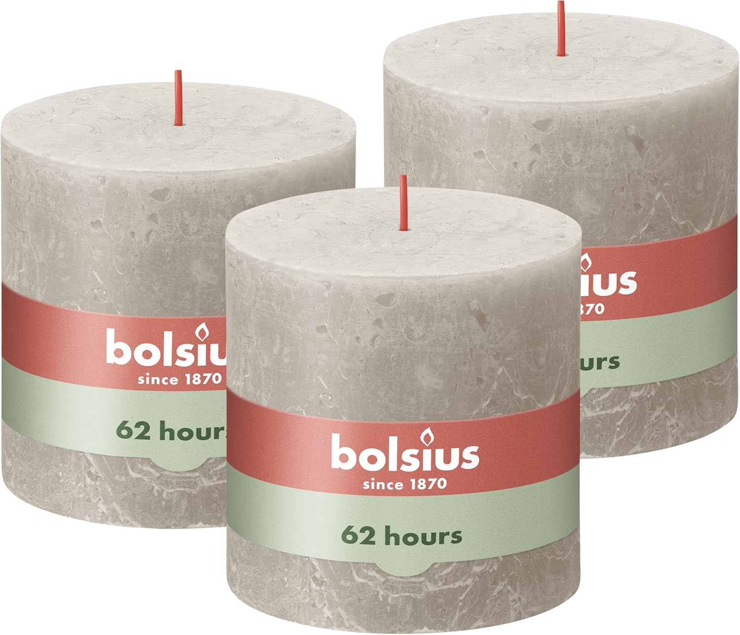 Bolsius Rustic Pillar Candle XXL - Light Grey - Pack of 3 - Long Burning Time of 62 Hours - Household Candle - Interior Decoration - Unscented - Natural Vegan Wax - No Palm Oil - 10 x 10 cm