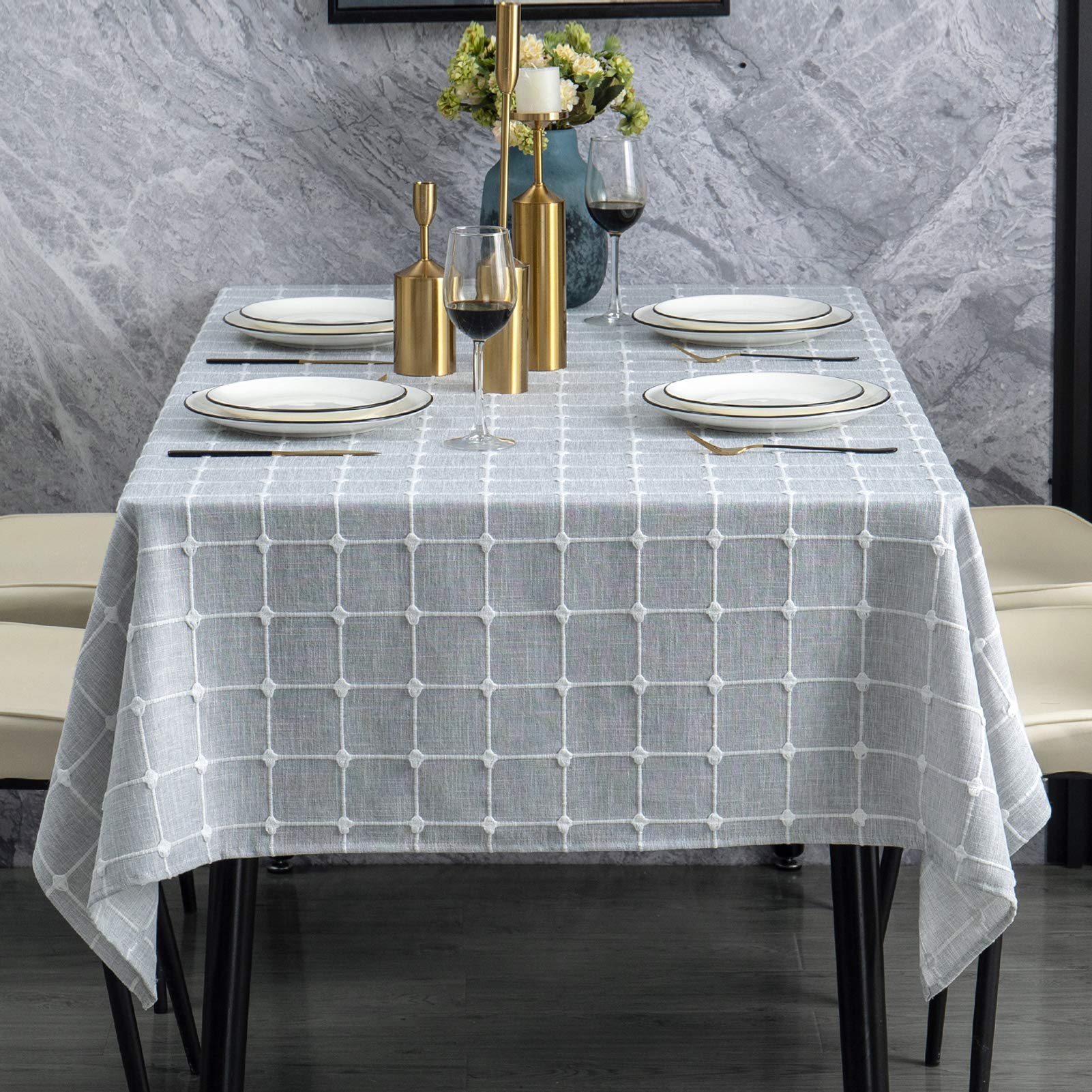 Lipo Linen Grey Rectangle Tablecloth,Embroidered Lattice Table Cloth,Wrinkle Free Anti-Fading,Table Cover Decoration for K...