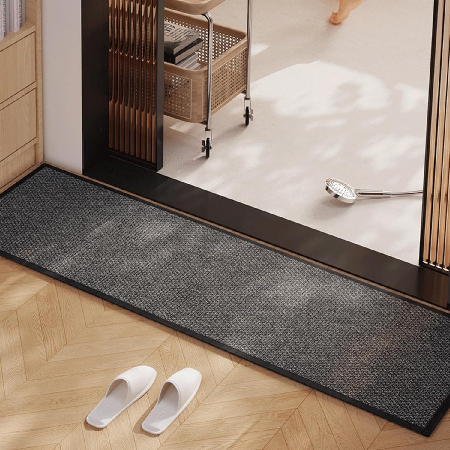 Super Absorbent Bath Runner Mat, Non-Slip Bathroom Rug, Long Narrow Floor Carpet for Shower, Machine Washable (Black/Brown, 18''X59'')