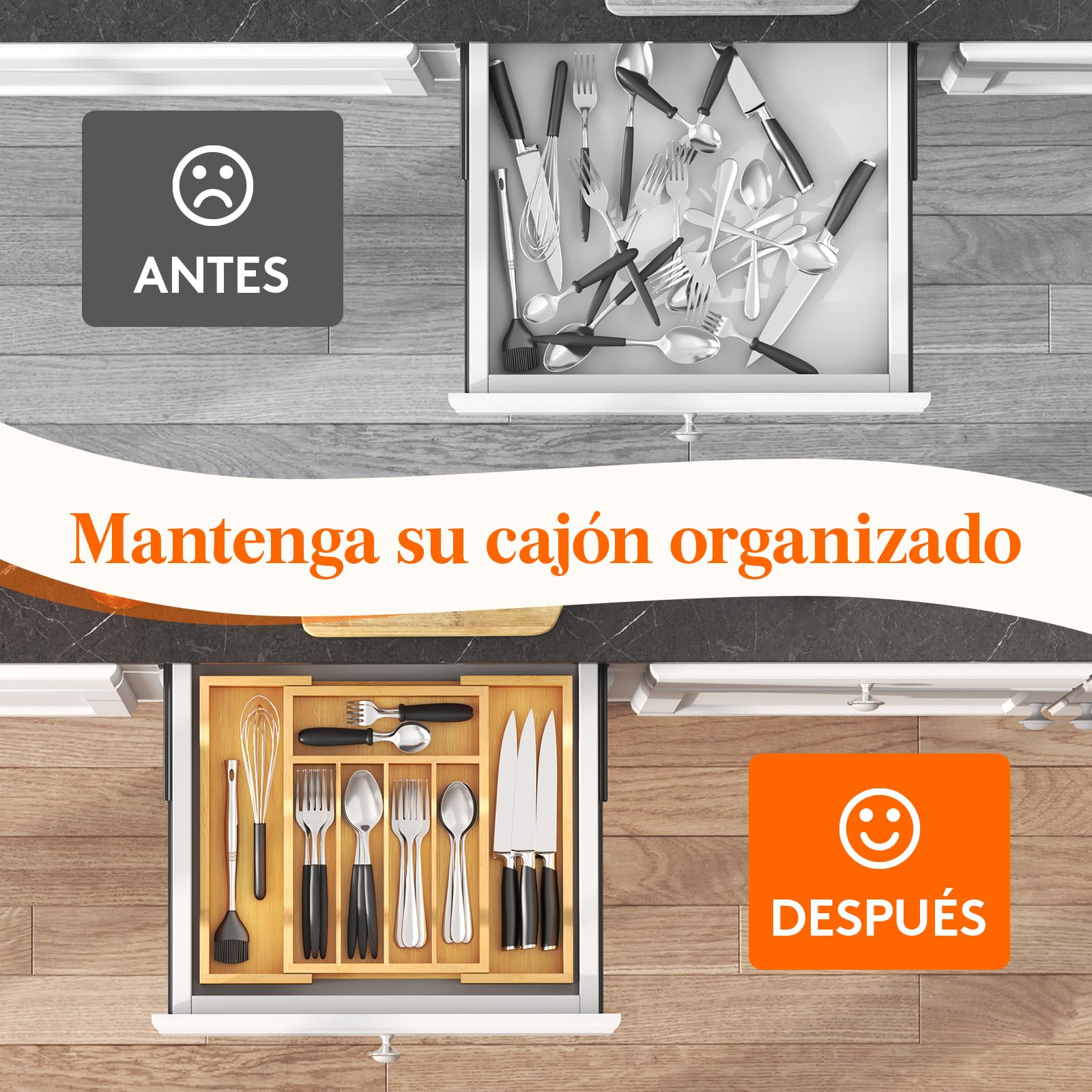 Lifewit Organizador Cubiertos de Bambú para Cajon, Extensible Bandeja Vajilla 24 a 40 cm, Profundidad de 33cm, Almacenaje Talheres para Cocina, Separador Ajustable para Utensilios/Cucharas/Herramienta
