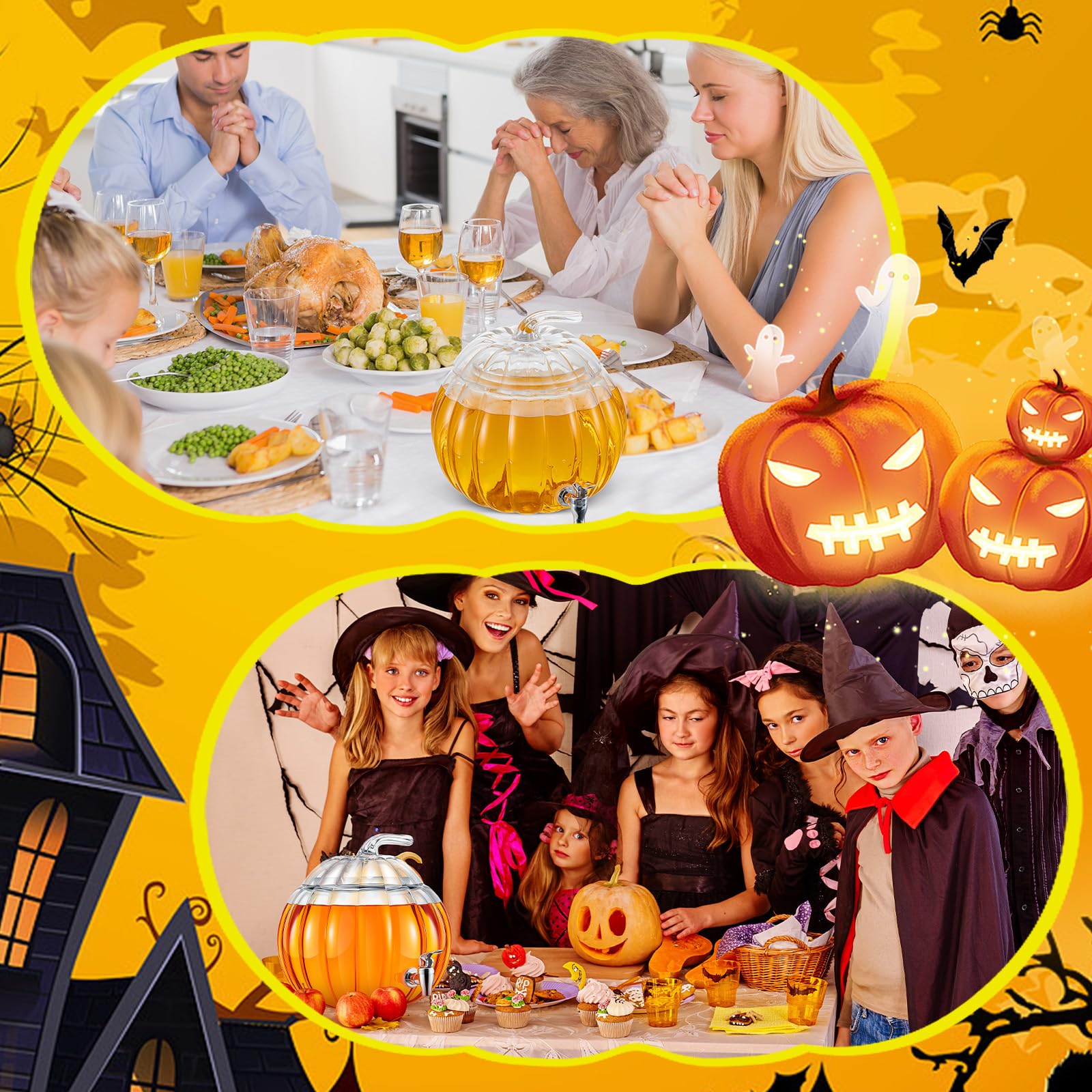 Uiifan Confezione da 1 dispenser per bevande in vetro a forma di zucca da 5 litri, per autunno, Halloween, festa del Ringraziamento, dispenser per bevande con beccuccio, ciotola per punch a zucca per