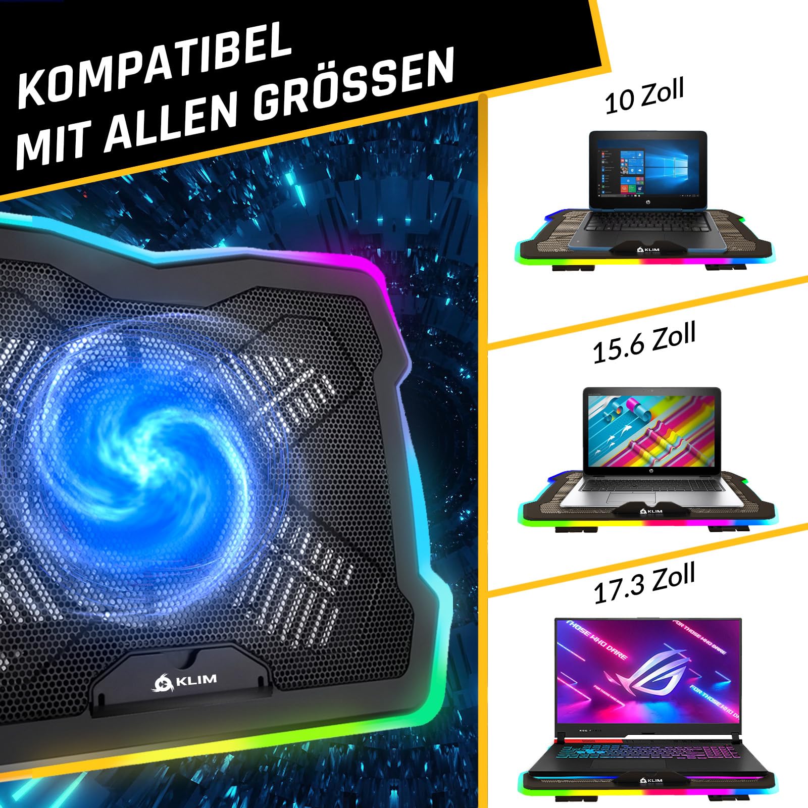 KLIM Ultimate Laptop Kühler + NEU + Gaming Cooling Pad + Stabiler RGB Ständer mit Lüfter + Kompatibel bis zu 17" + USB-Lüfter + Für PC Mac PS5 PS4