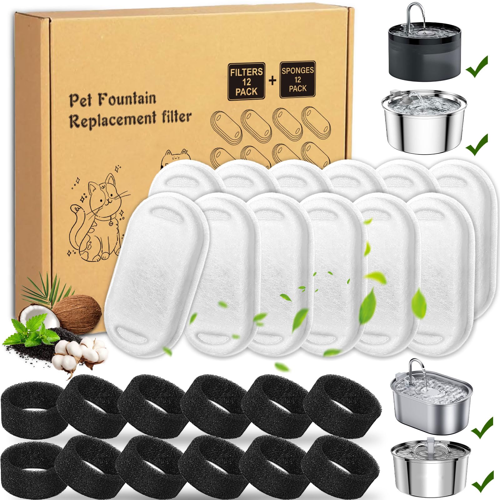 Amzeeniu 24 Piezas Filtros de Fuente para Gatos,filtros fuente gatos,12 Filtros de Carbón y 12 Esponjas de Espuma para Bebedero Fuentes de Acero Inoxidable,Cartucho Triple Acción