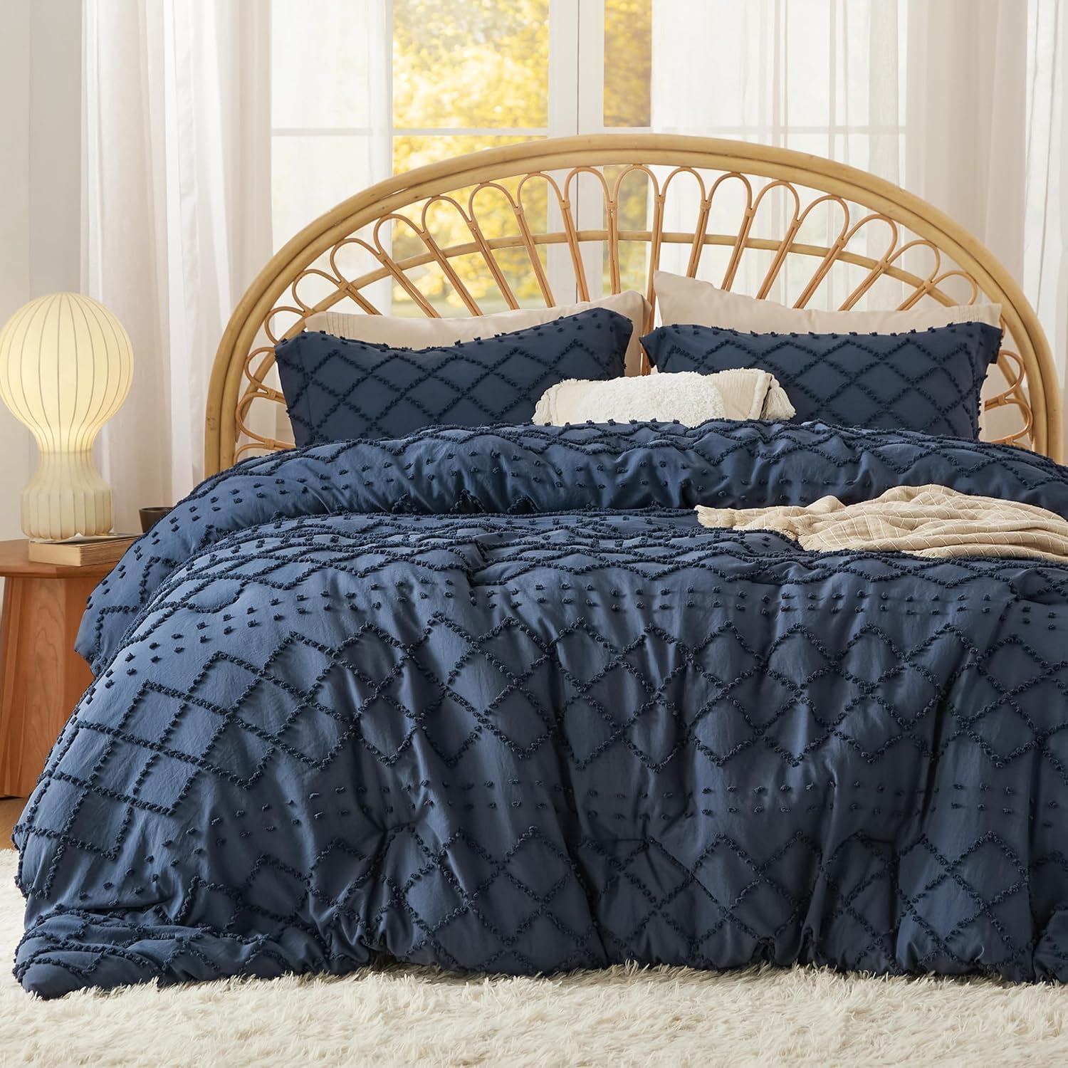 Bedsure Twin Comforter Set - Navy Blue Comforter, Boho Tufted Shabby Chic Bedding for Kids, 2 Pieces Vintage Farmhouse Bed Set for All Seasons, Fluffy Soft Bedding with 1 Pillow Sham