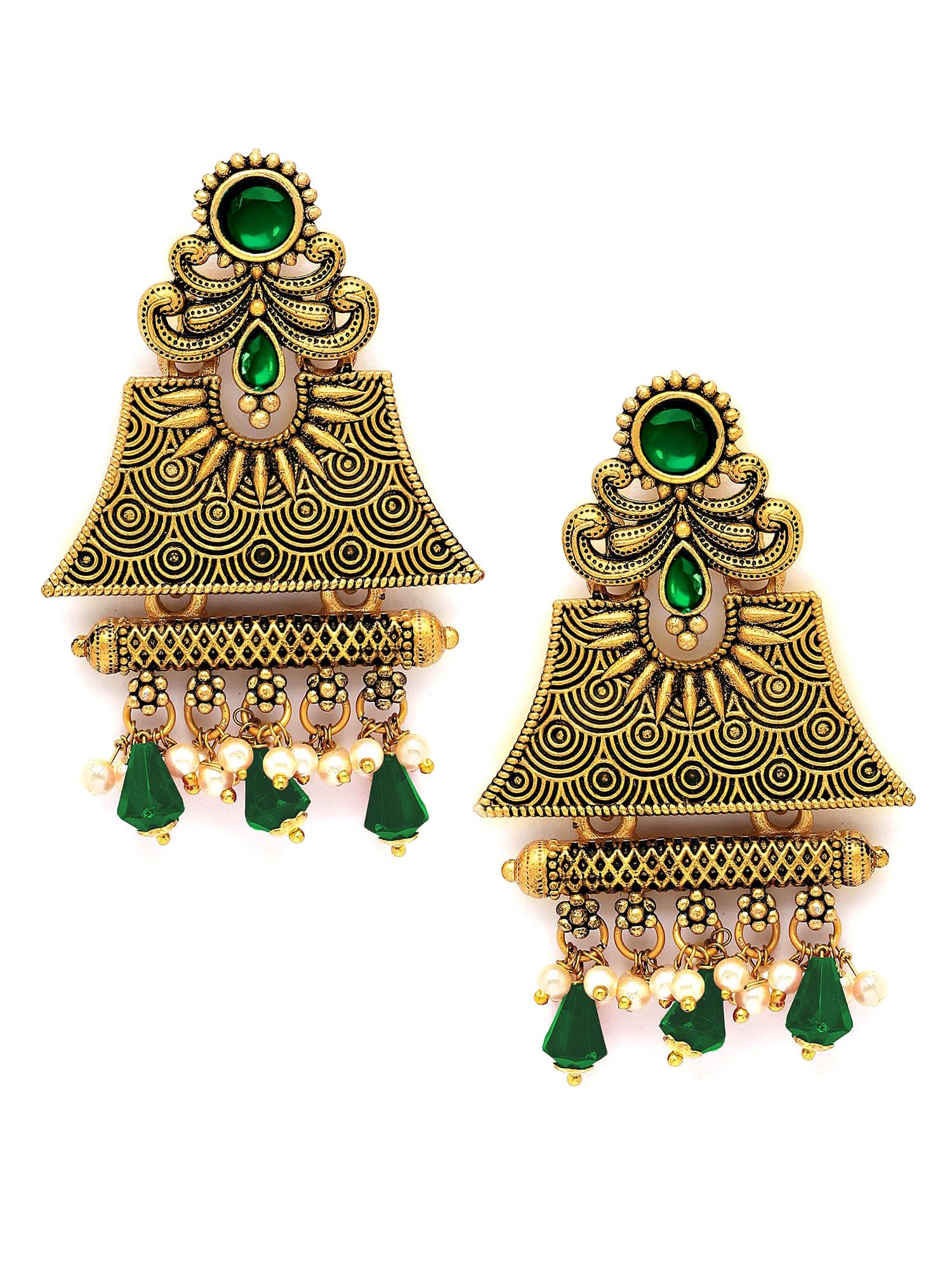 Karatcart Gold Plated Green Crystal Studded Engraved Dangler Earrings for Women (B0CWS65RT9) Amazon Price History, Amazon Price Tracker