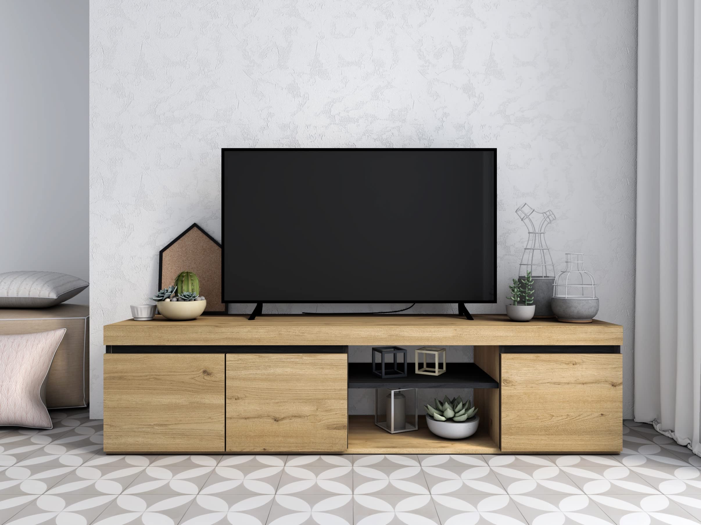 Skraut Home | Ensemble de Meubles modèle Naturale |Table Extensible 140x90x76, Buffet 140x40x80, Meuble TV 160x40x41 | Finition Mélamine Couleur Chêne/Noir