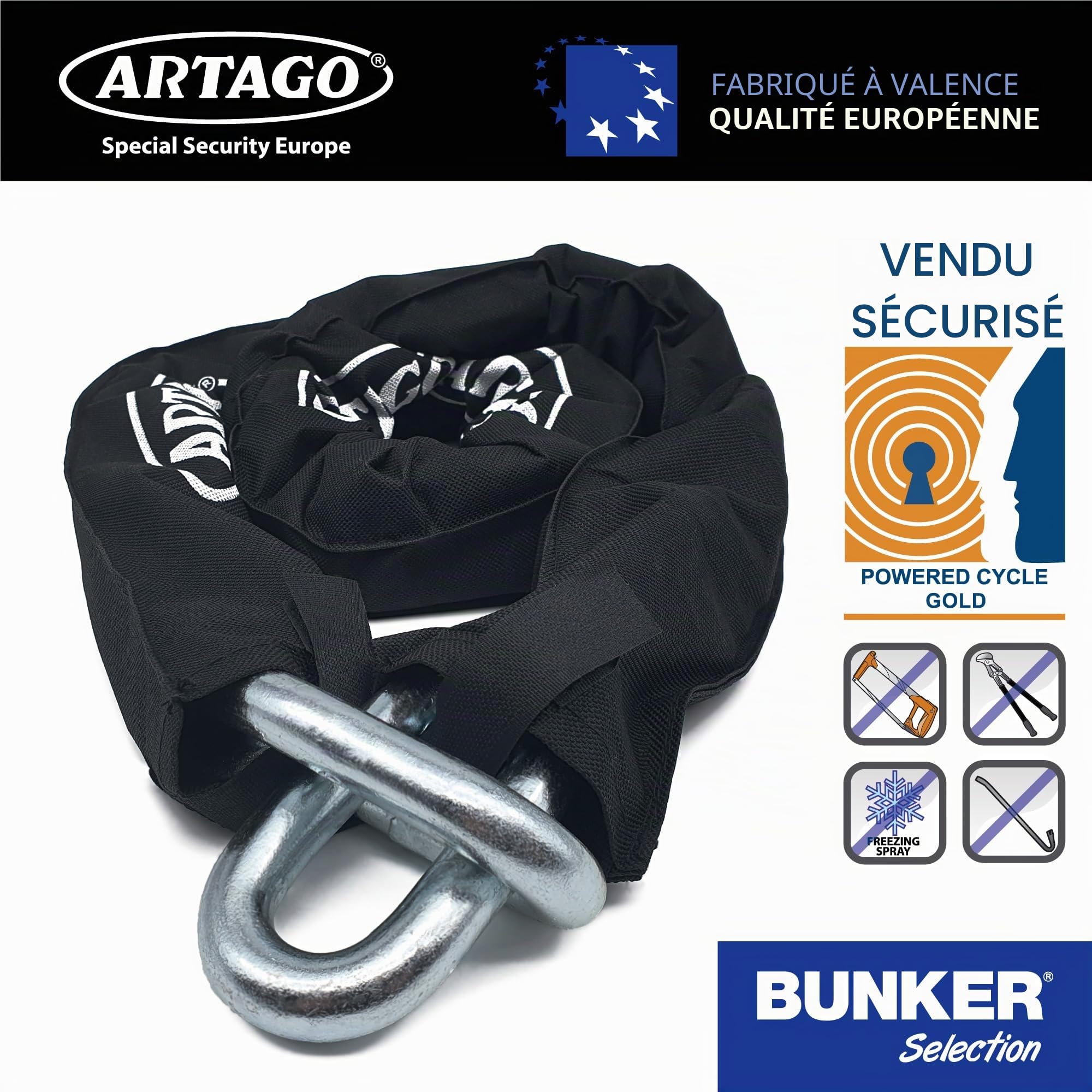 Artago 14.100 Chaine Antivol Haut de Gamme ø15mm, Sécurité Maximale Testé Homologuée Sold Secure Gold, BUNKER SELECTION 100cm, Revêtement Nylon Anti-rayures, Anti vol pour Moto, Parking Portails