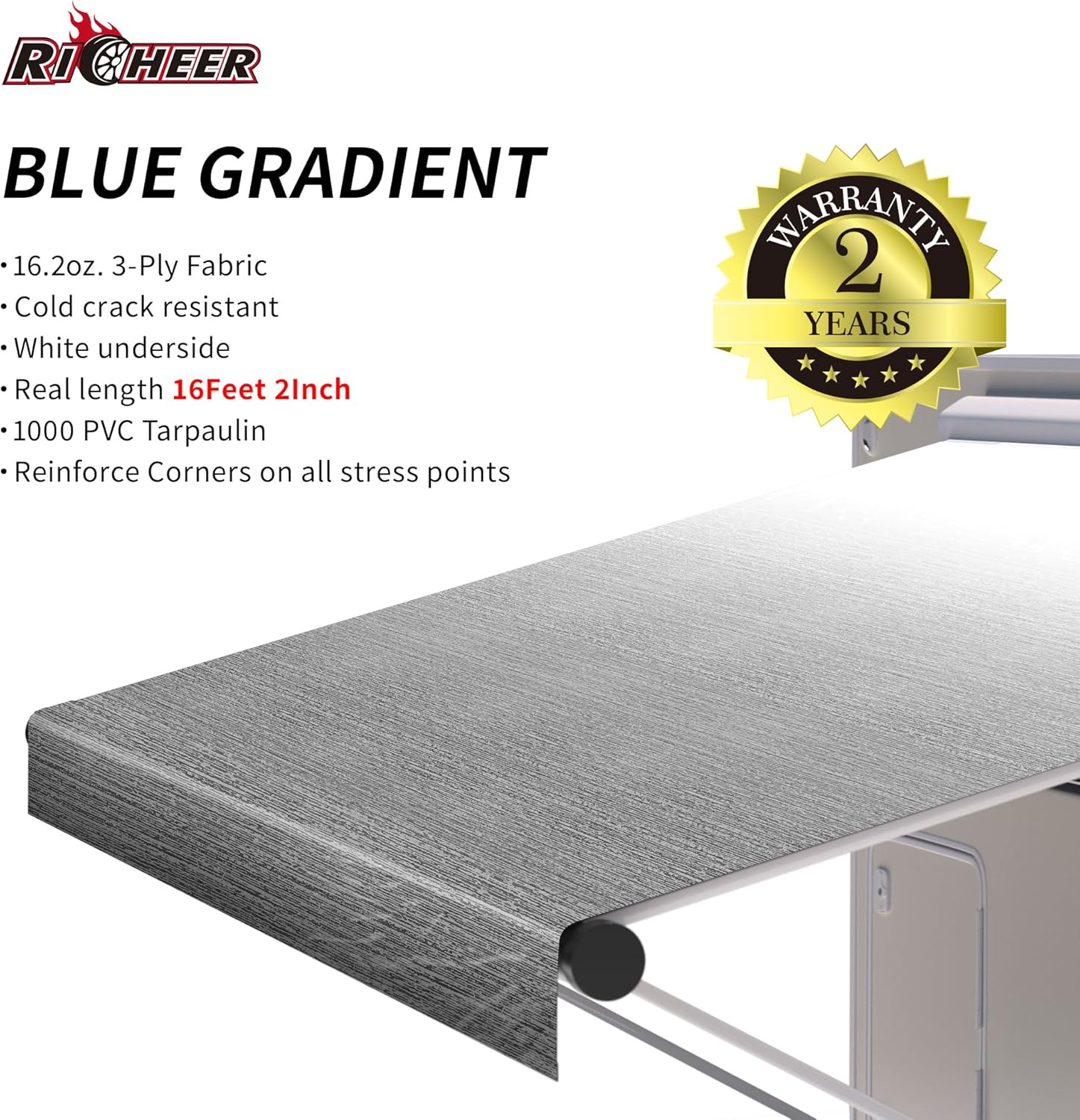 Richeer RV 17' Awning Fabric Replacement - Advanced Weatherproof and Ultraviolet - Camper Trailer and Motorhome Universal Outdoor Canopy - Single Sided Grey Gradient Printing