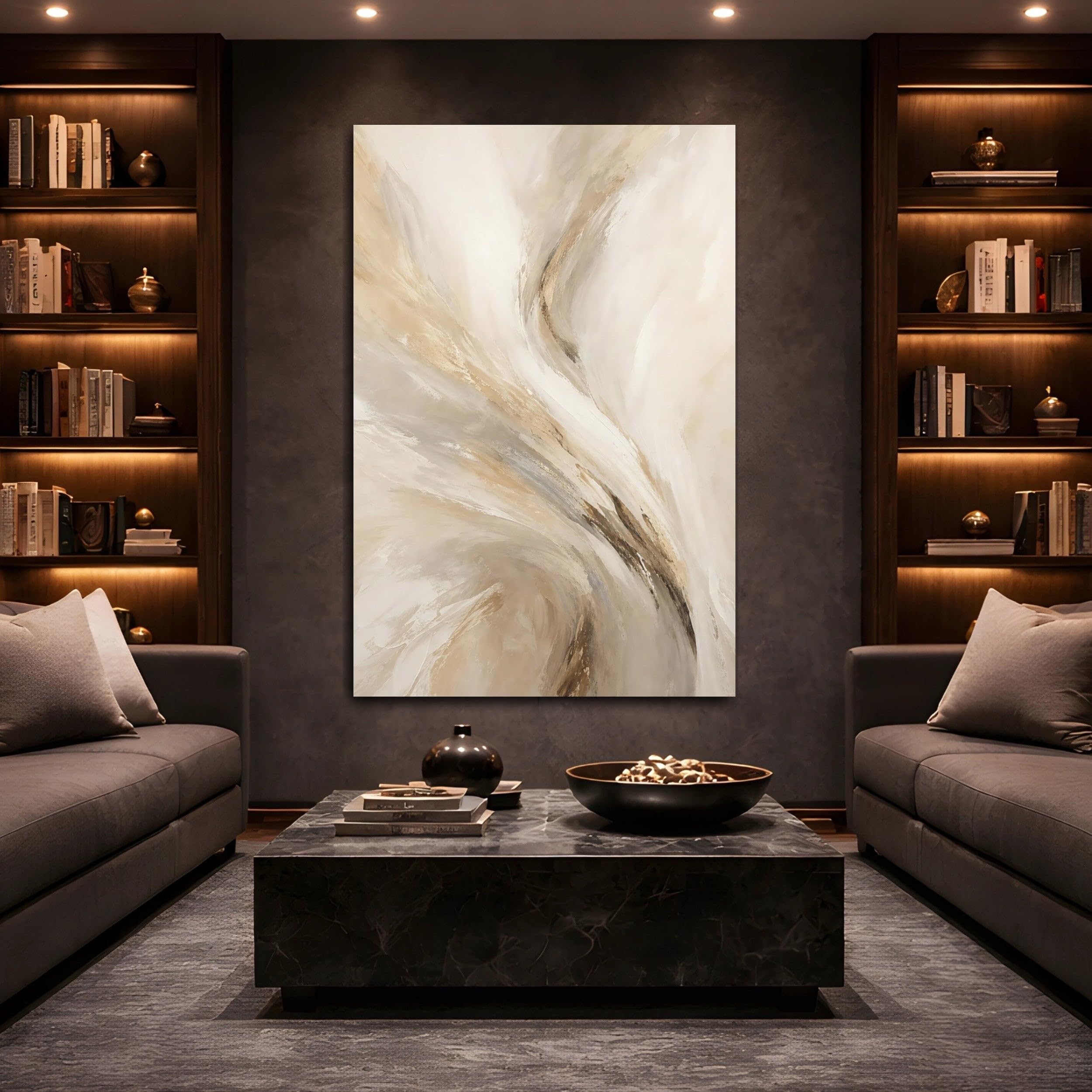 Abstract Swirls Beige Brown Gold Canvas Print – Living Room, Above Fireplace 12×18 inch (30×45 cm) - Vertical / 1.25 inch (3 cm)