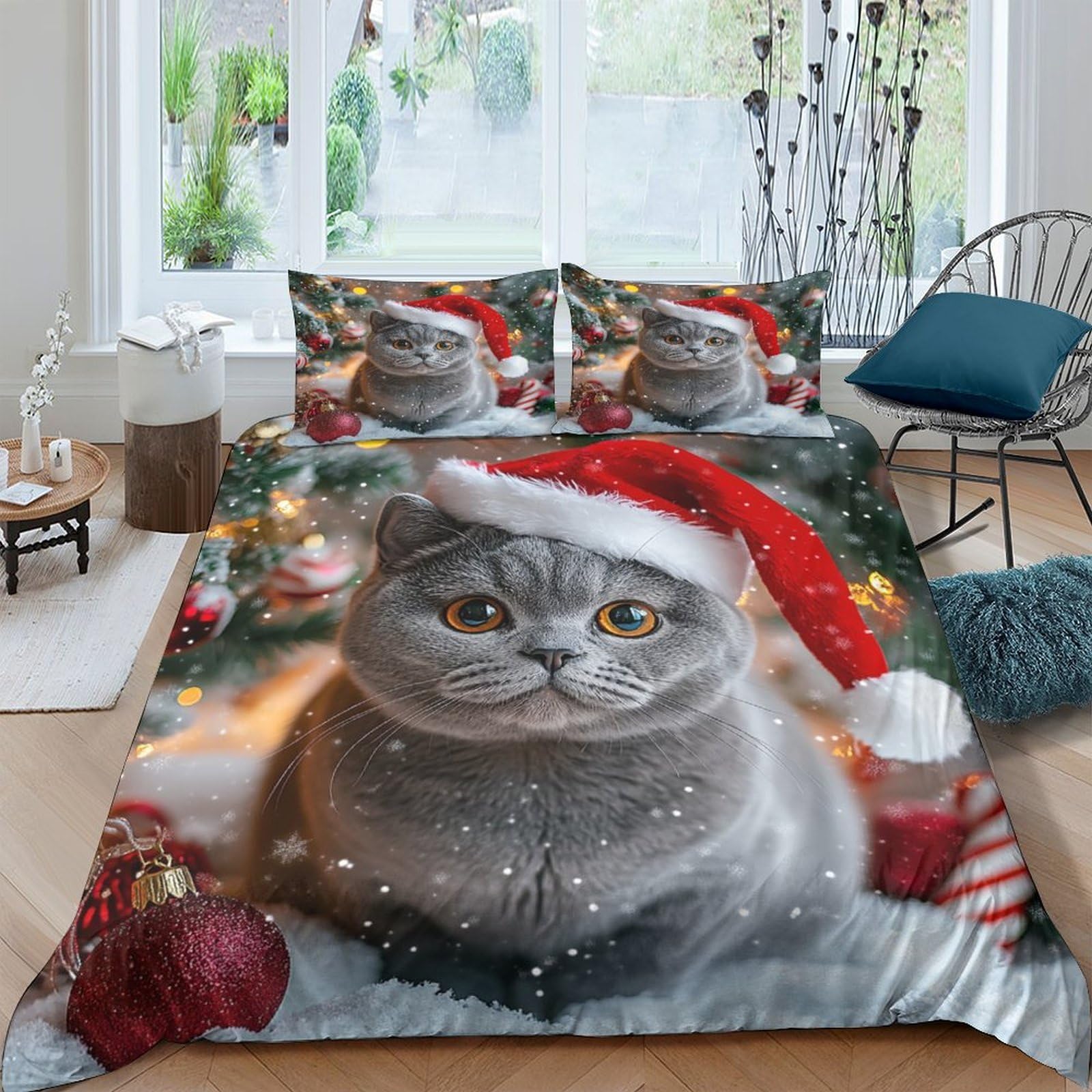 Ctjqhvkz Style-5 3D Printed Christmas Cat Fitted Sheet Microfiber Soft Breathable Santa Hat Bed Cover For Bedroom Guest Room Decor Mattress Protection Single（135X200cm）