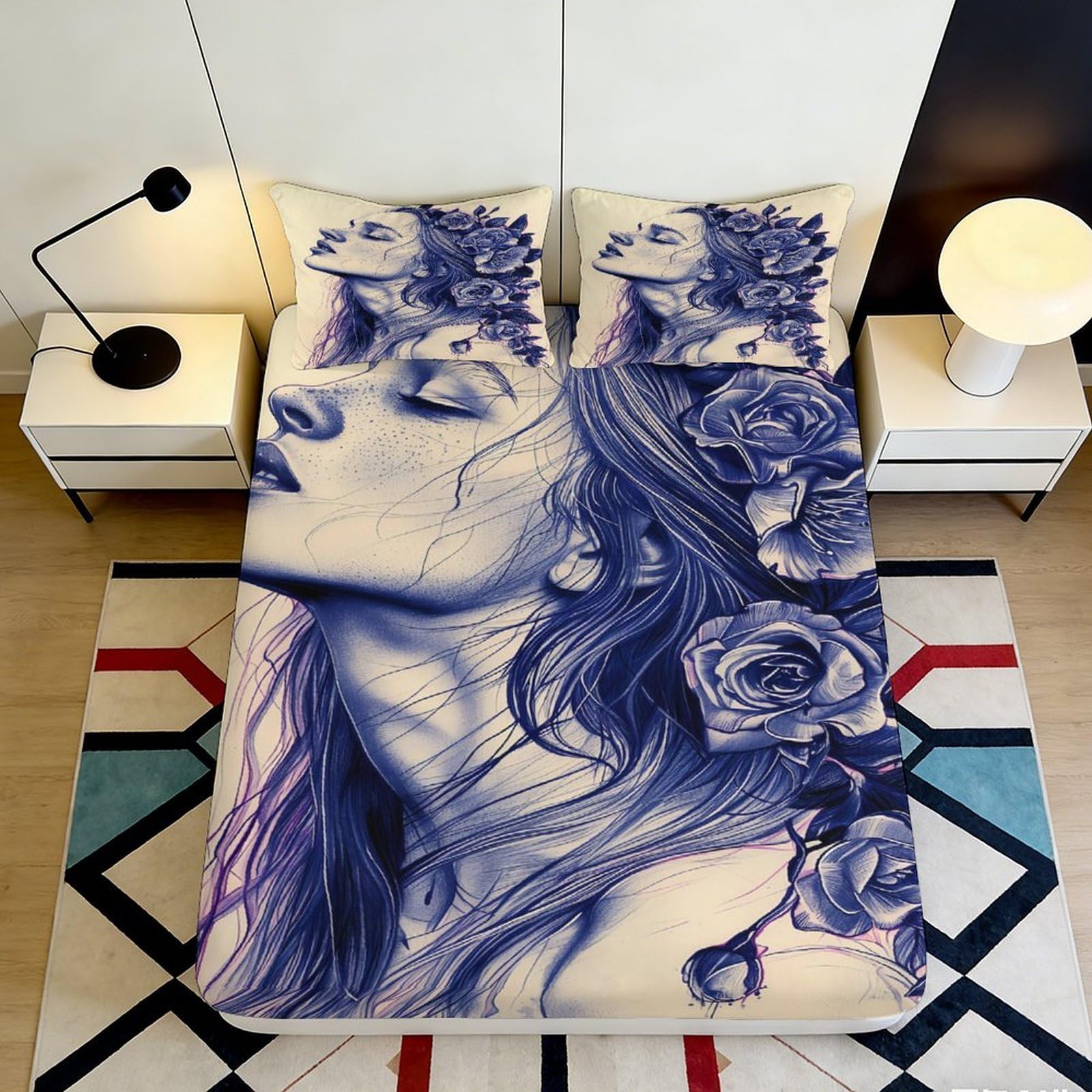 3D Printed Artistic Portrait Fitted Sheet Microfiber Deep Pocket Bedroom Bedding Artistic Mattress Fitted Cover Non-Slip 200x200x25cm 90x200x25cm