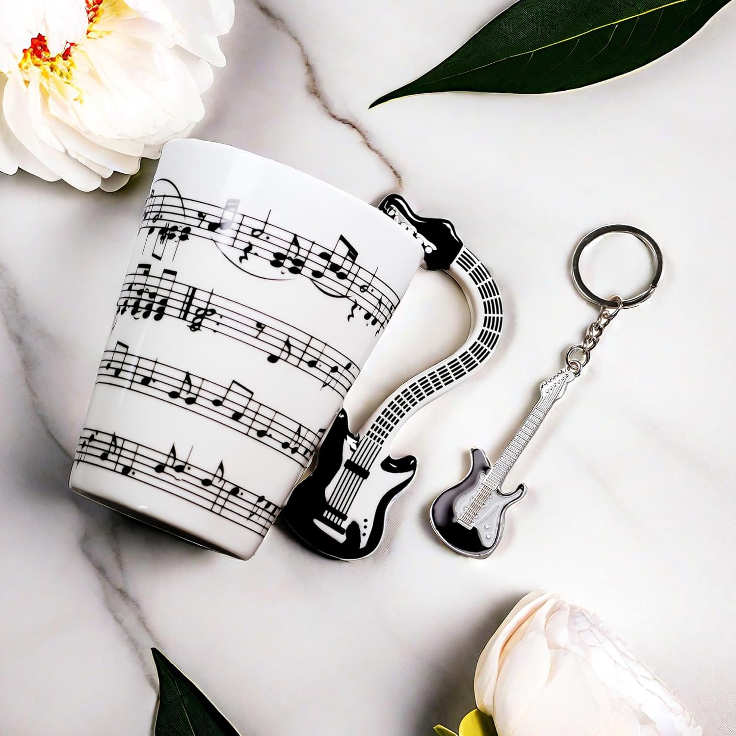 Guitar Mug Music Note Coffee Mug Cute Guitar Gift for Men Women Guitar Players - 13.5 Ounce Ceramic Music Guitar Coffee with Guitar Keychain Gift for Musicians Teacher (Black 2) - Image 7