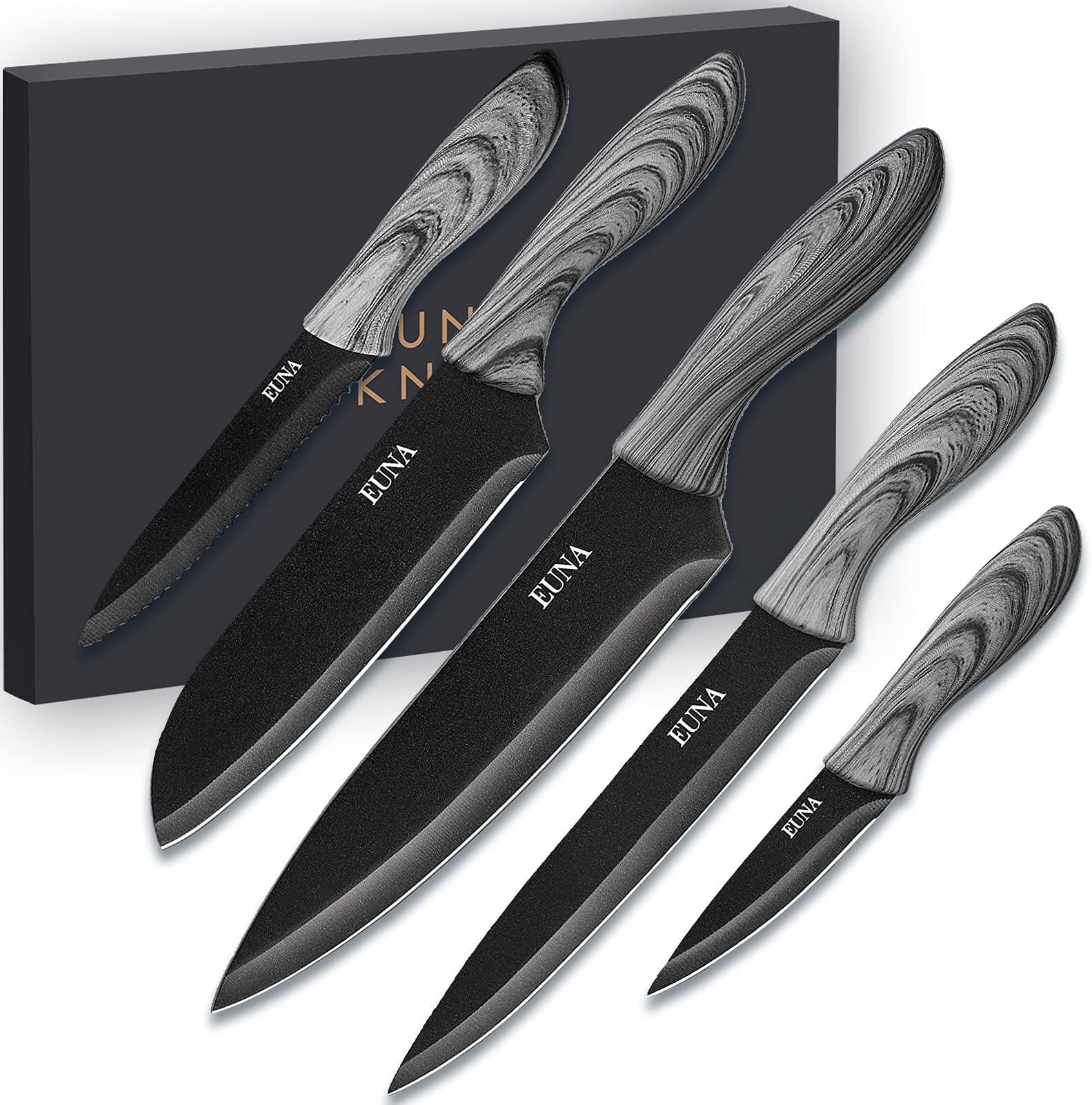 EUNA 5 PCS Kitchen Knife Set, Ultra-Sharp Chef Knives High Carbon Stainless Steel Professional Cooking Knife Set with Ergonomic Handle, Sheaths and Gift Box