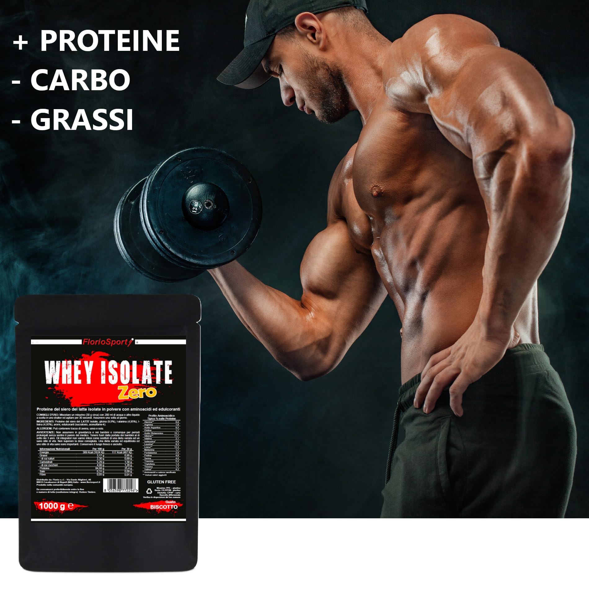 Whey Isolate Zero 1000g FlorioSport - Proteine in polvere del Siero Latte con Aminoacidi per la crescita ed il mantenimento della Massa Muscolare. (1000 g, Cioccolato)