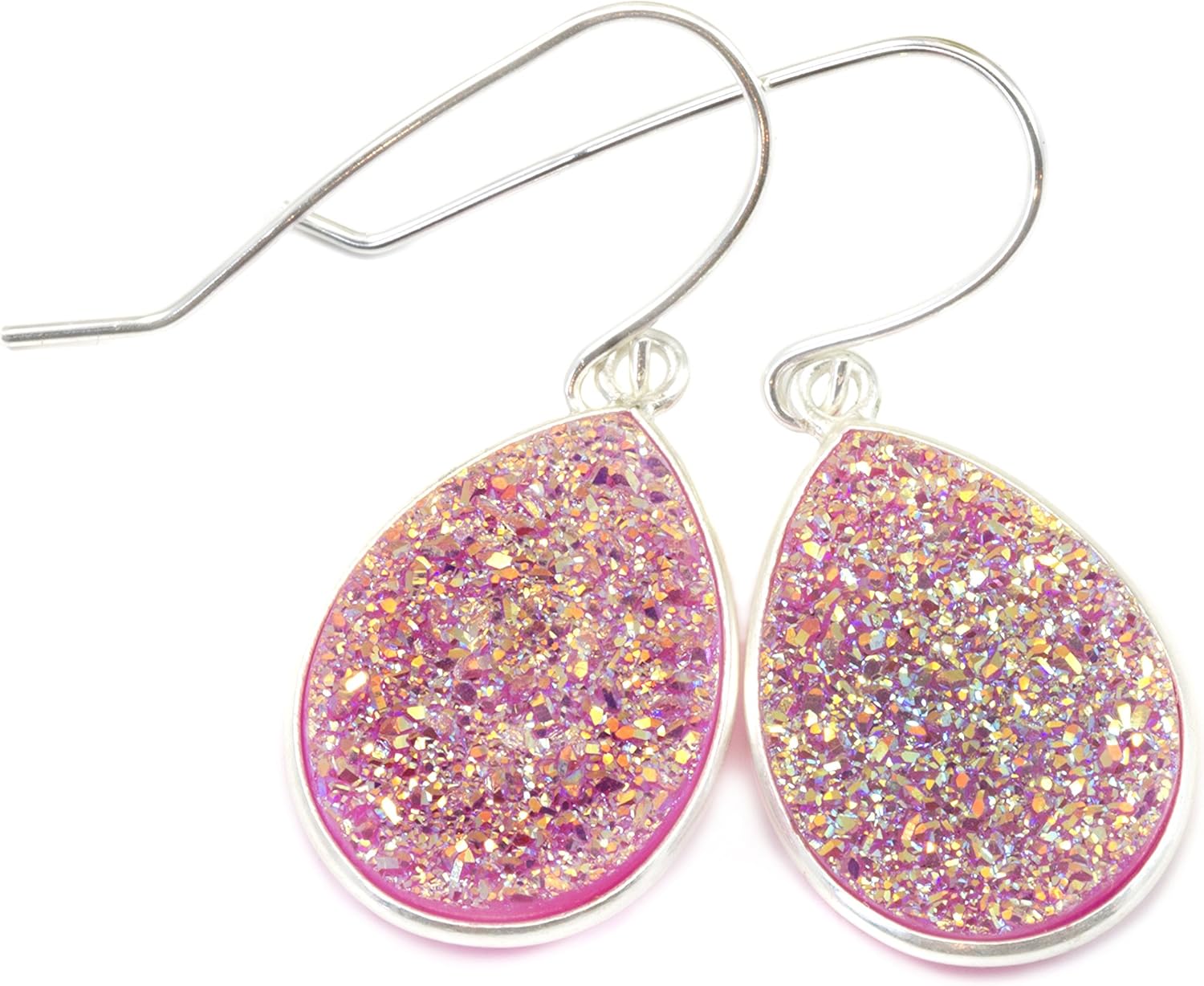 Sterling Silver Drusy Earrings Hot Pink Druzy Teardrop Silvertone Bezel Set Simple Drops