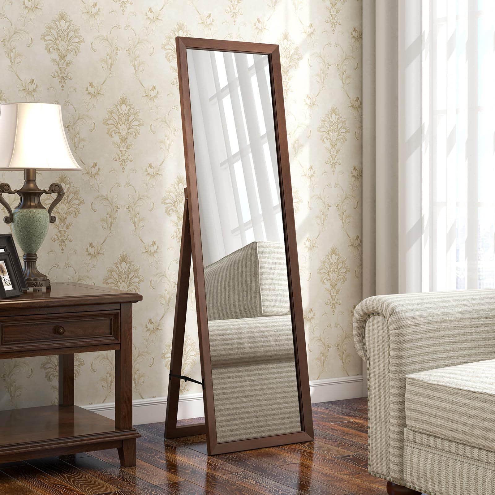Tangkula Full Length Mirror with Stand, 61" x 18" Solid Wood Frame Floor Mirror, Free Standing Full Body Mirror for Living Room, Bedroom, Dressing Room, Cloakroom, Entryway, Brown (61" x 18")